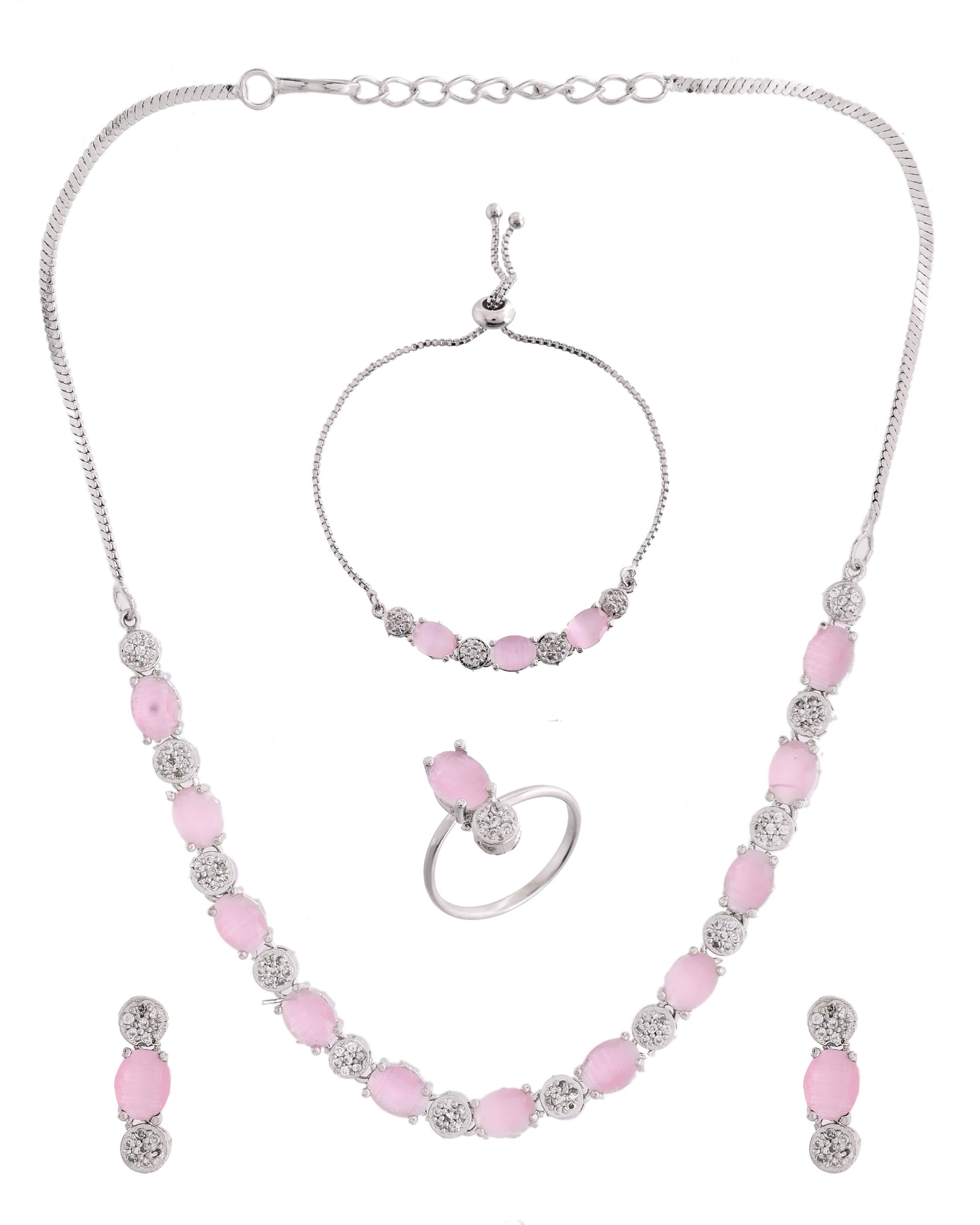 VOJ Silver Plated Baby Pink Stone Studded Necklace With Earrings, Ring And Bracelet Set | Swadesiicart