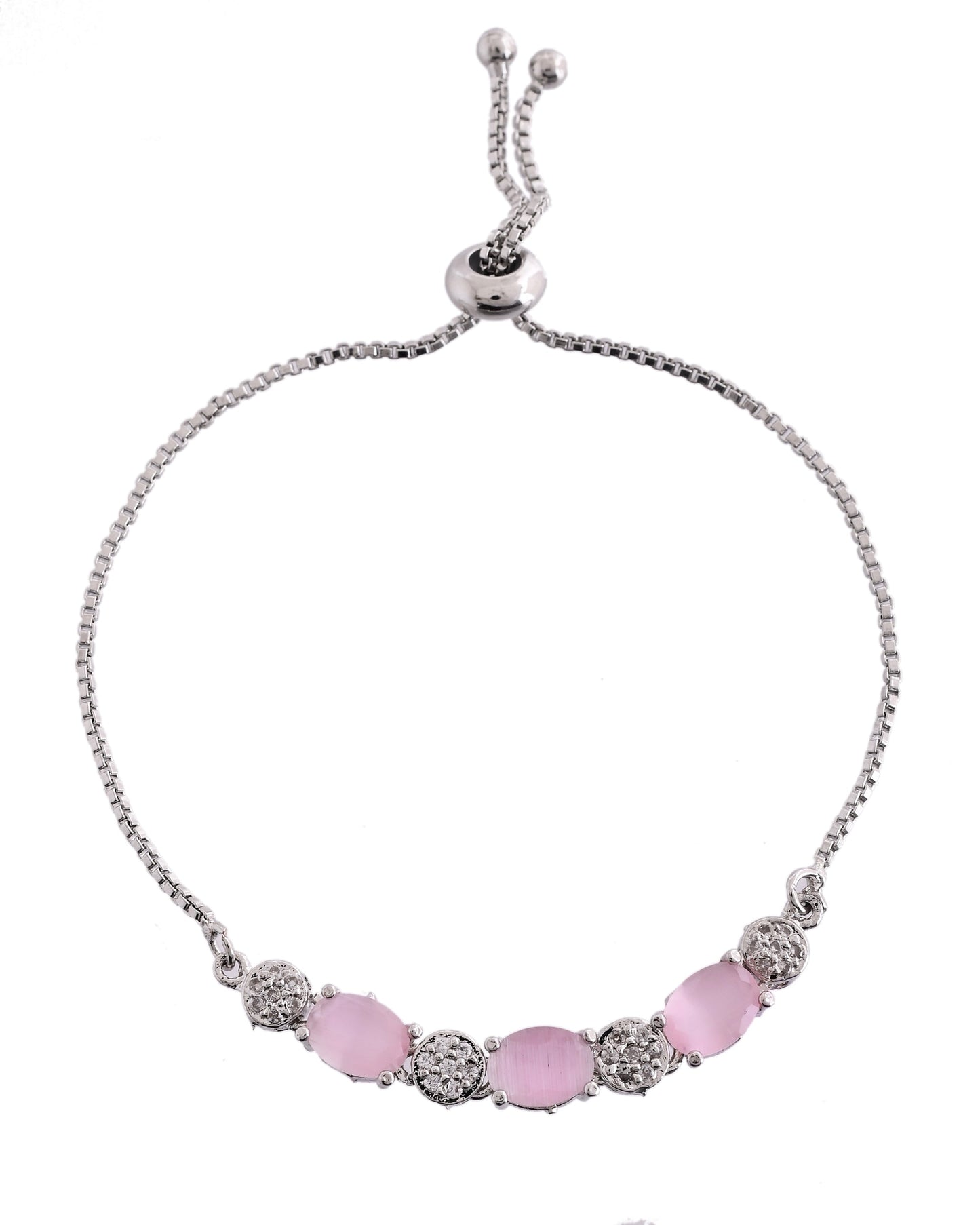 VOJ Silver Plated Baby Pink Stone Studded Necklace With Earrings, Ring And Bracelet Set | Swadesiicart