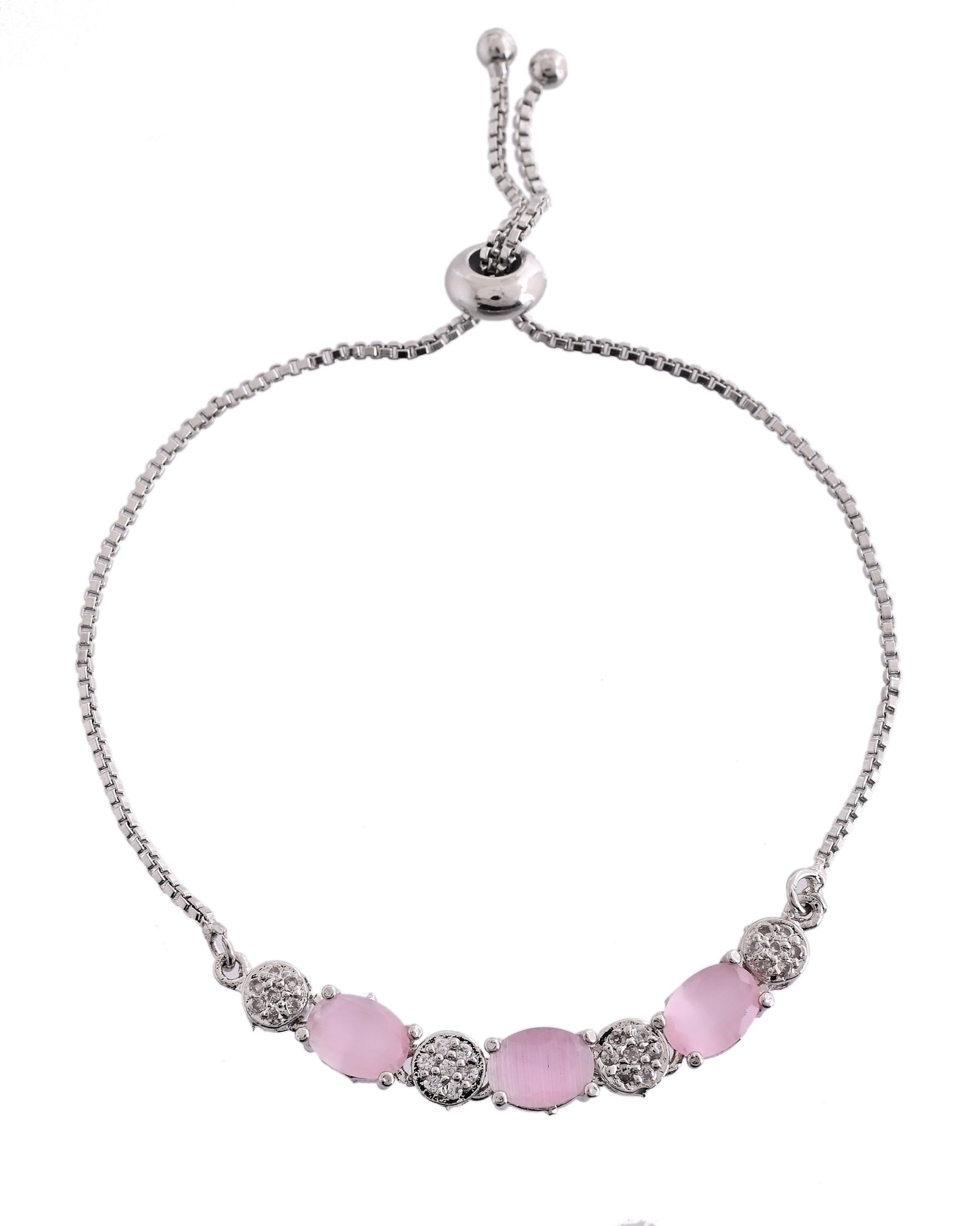 VOJ Silver Plated Baby Pink Stone Studded Necklace With Earrings, Ring And Bracelet Set | Swadesiicart