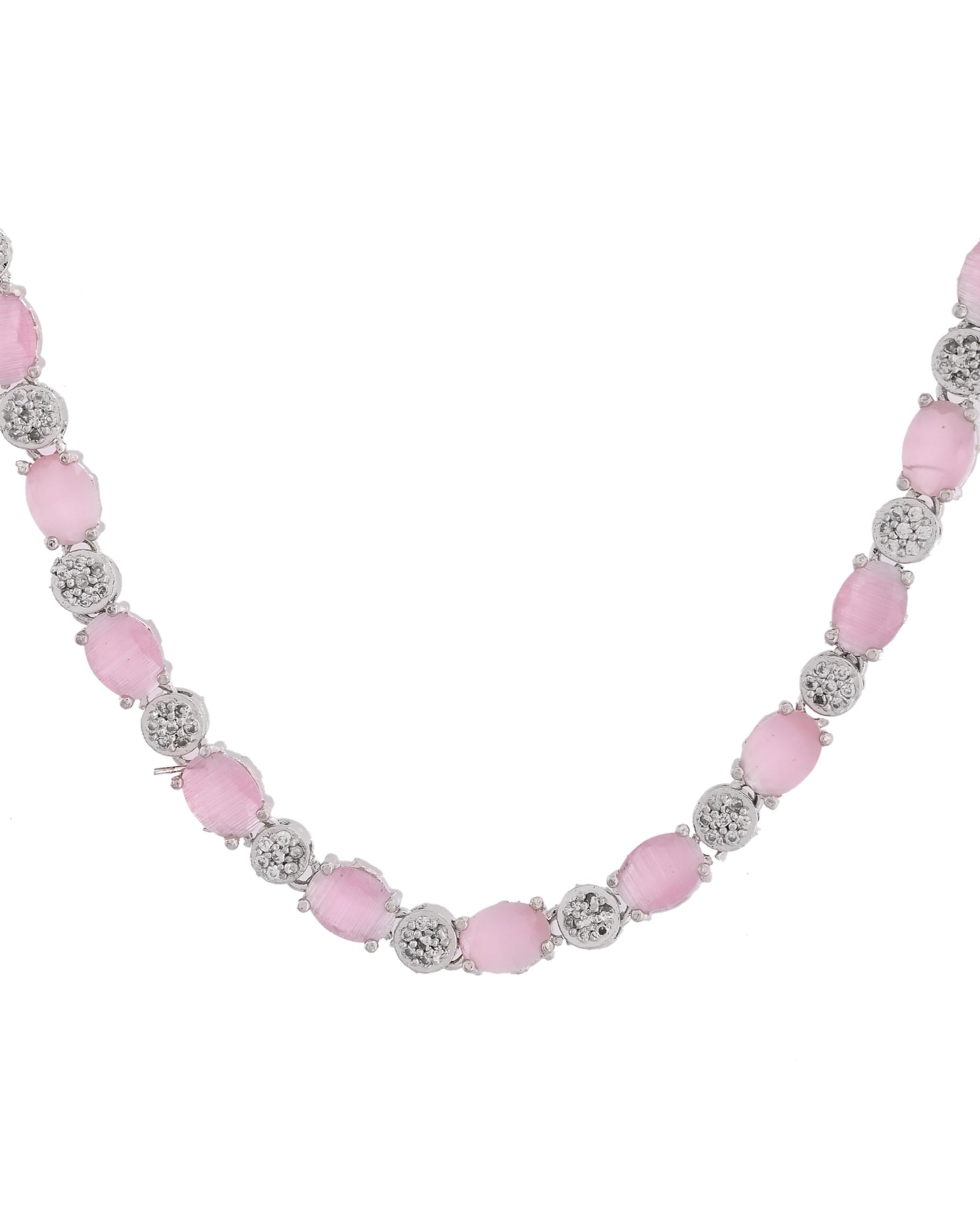 VOJ Silver Plated Baby Pink Stone Studded Necklace With Earrings, Ring And Bracelet Set | Swadesiicart