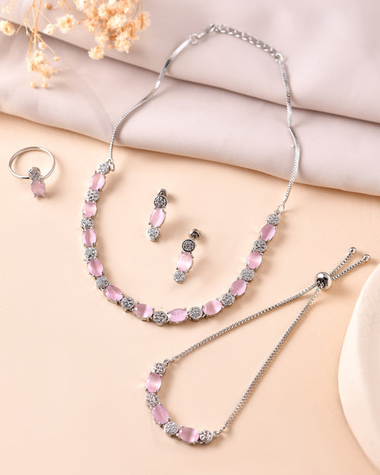 VOJ Silver Plated Baby Pink Stone Studded Necklace With Earrings, Ring And Bracelet Set | Swadesiicart