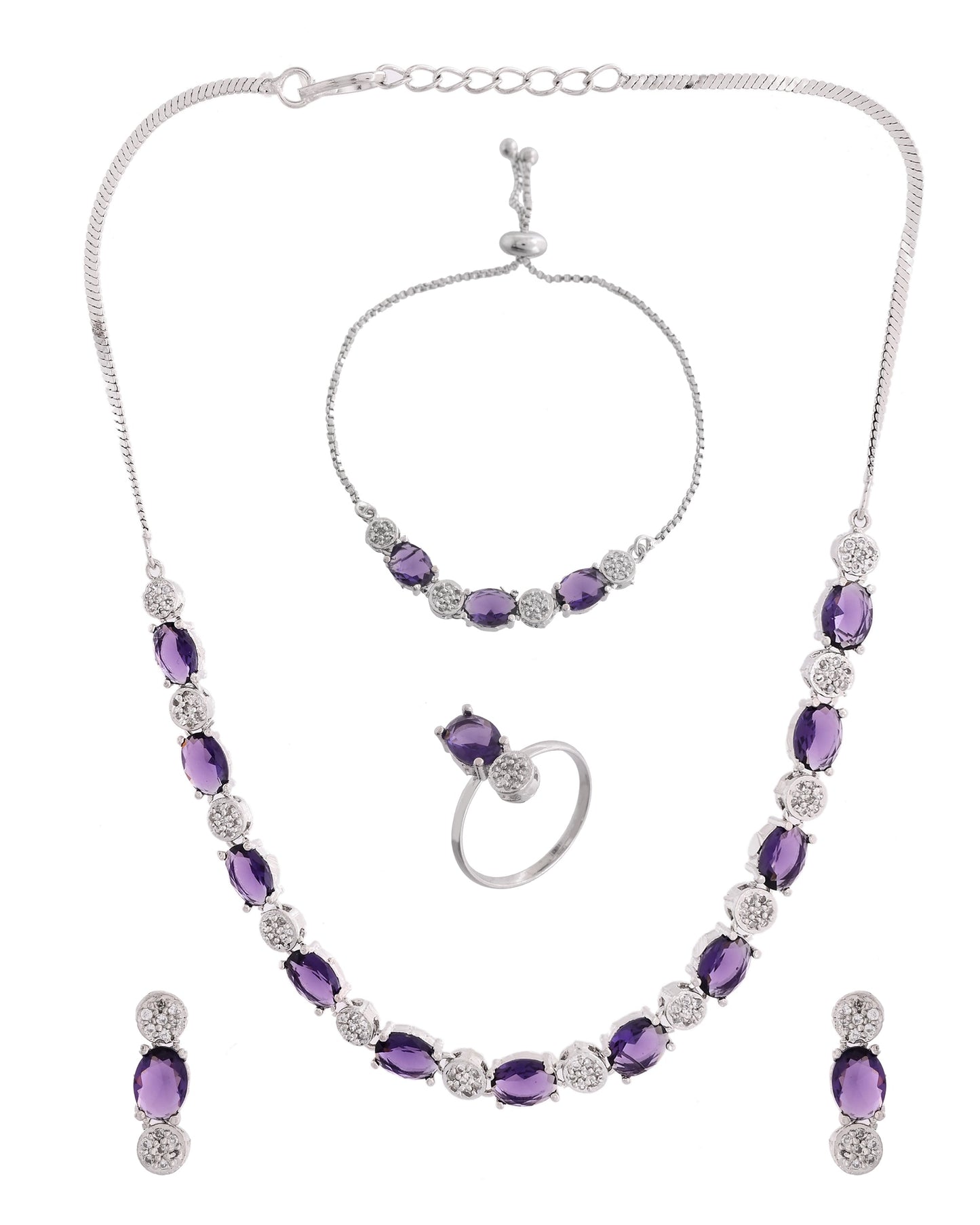 VOJ Silver Plated Purple Stone Studded Necklace With Earrings, Ring And Bracelet Set | Swadesiicart