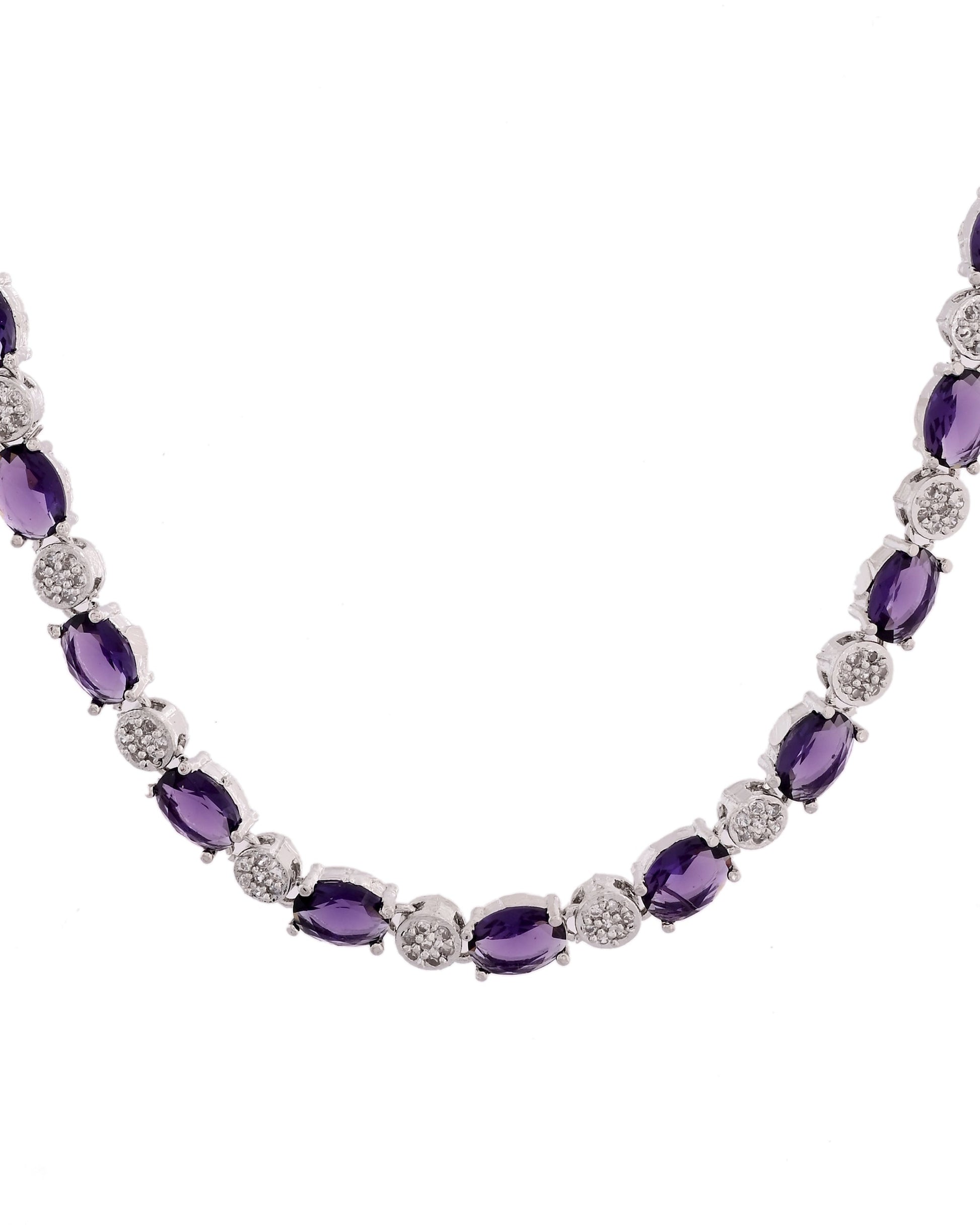 VOJ Silver Plated Purple Stone Studded Necklace With Earrings, Ring And Bracelet Set | Swadesiicart