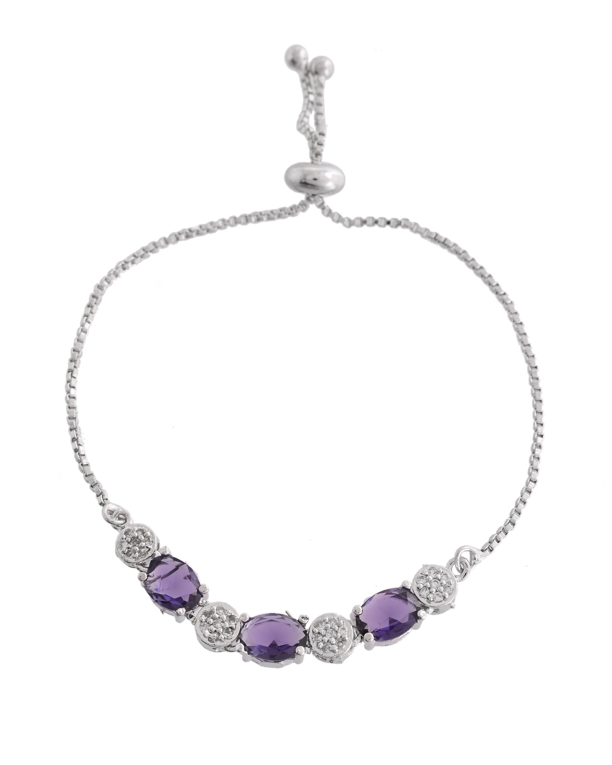 VOJ Silver Plated Purple Stone Studded Necklace With Earrings, Ring And Bracelet Set | Swadesiicart