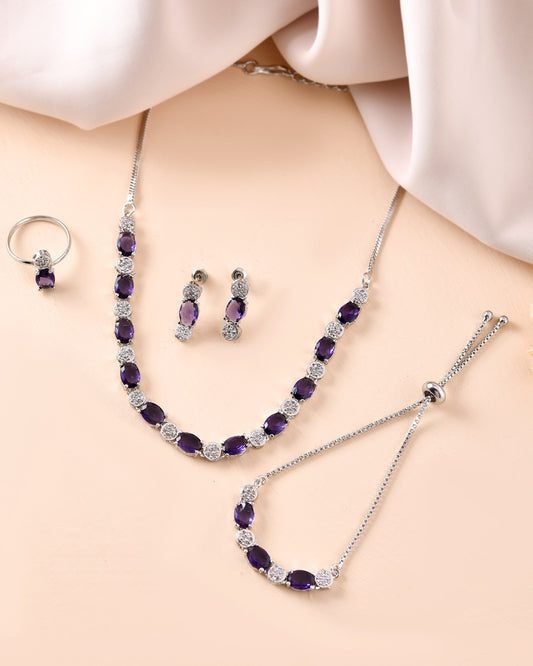 VOJ Silver Plated Purple Stone Studded Necklace With Earrings, Ring And Bracelet Set | Swadesiicart