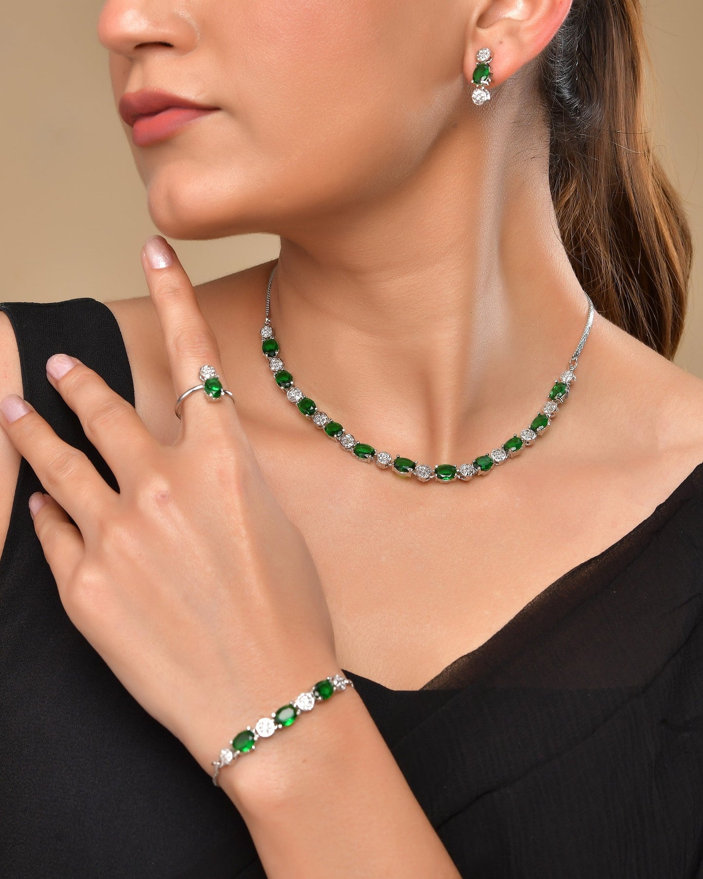 VOJ Silver Plated Green Stone Studded Necklace With Earrings, Ring And Bracelet Set | Swadesiicart