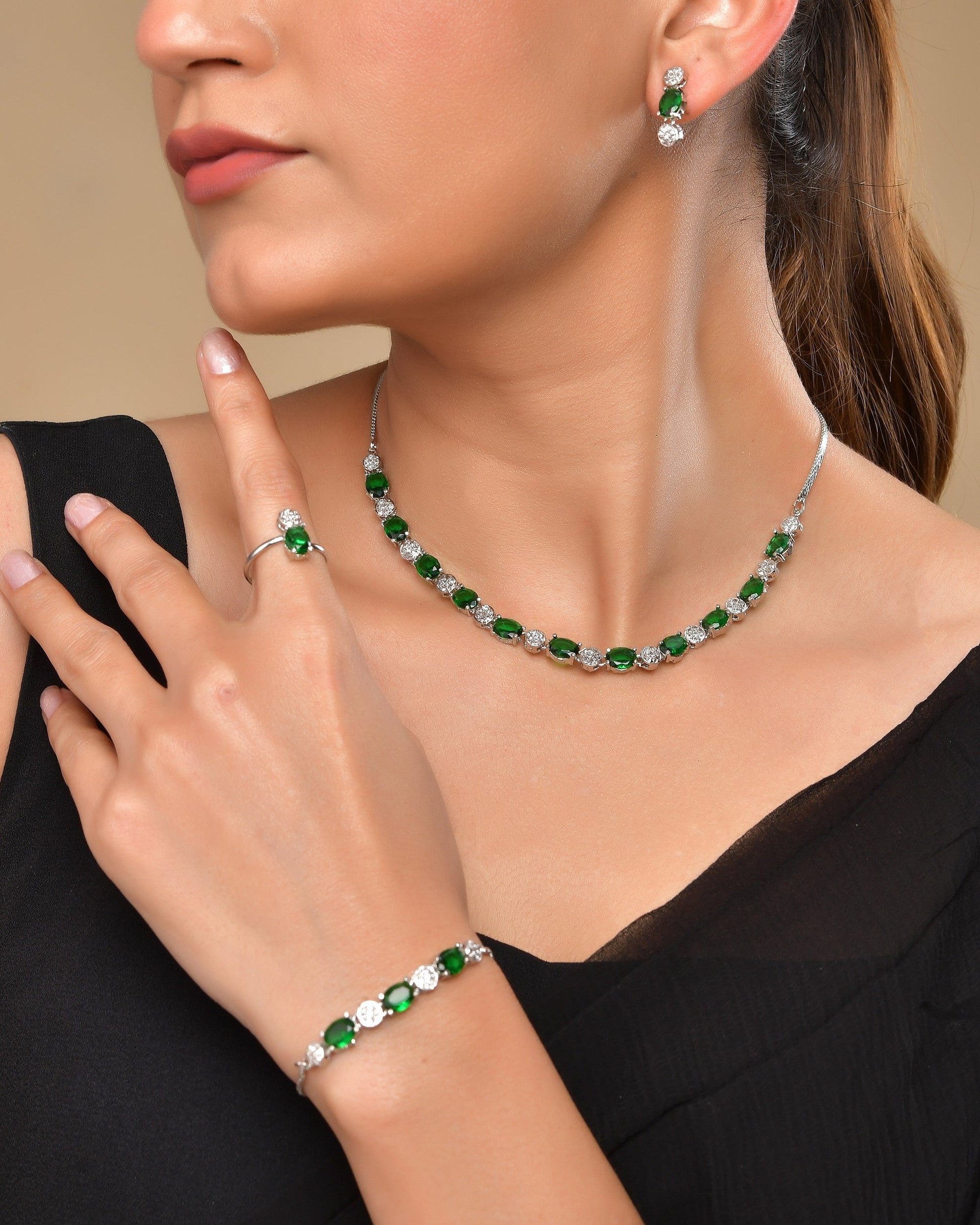 VOJ Silver Plated Green Stone Studded Necklace With Earrings, Ring And Bracelet Set | Swadesiicart