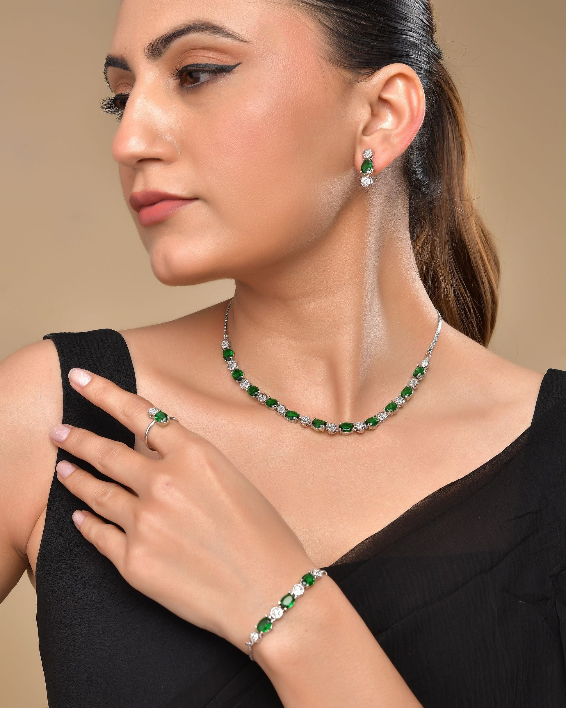VOJ Silver Plated Green Stone Studded Necklace With Earrings, Ring And Bracelet Set | Swadesiicart