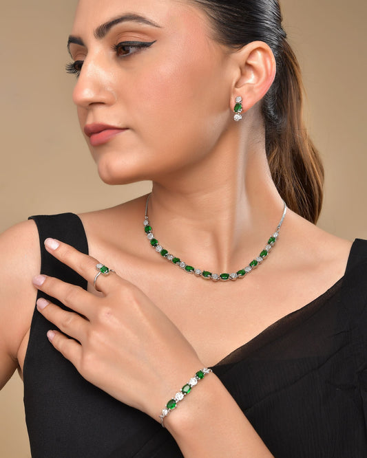 VOJ Silver Plated Green Stone Studded Necklace With Earrings, Ring And Bracelet Set | Swadesiicart