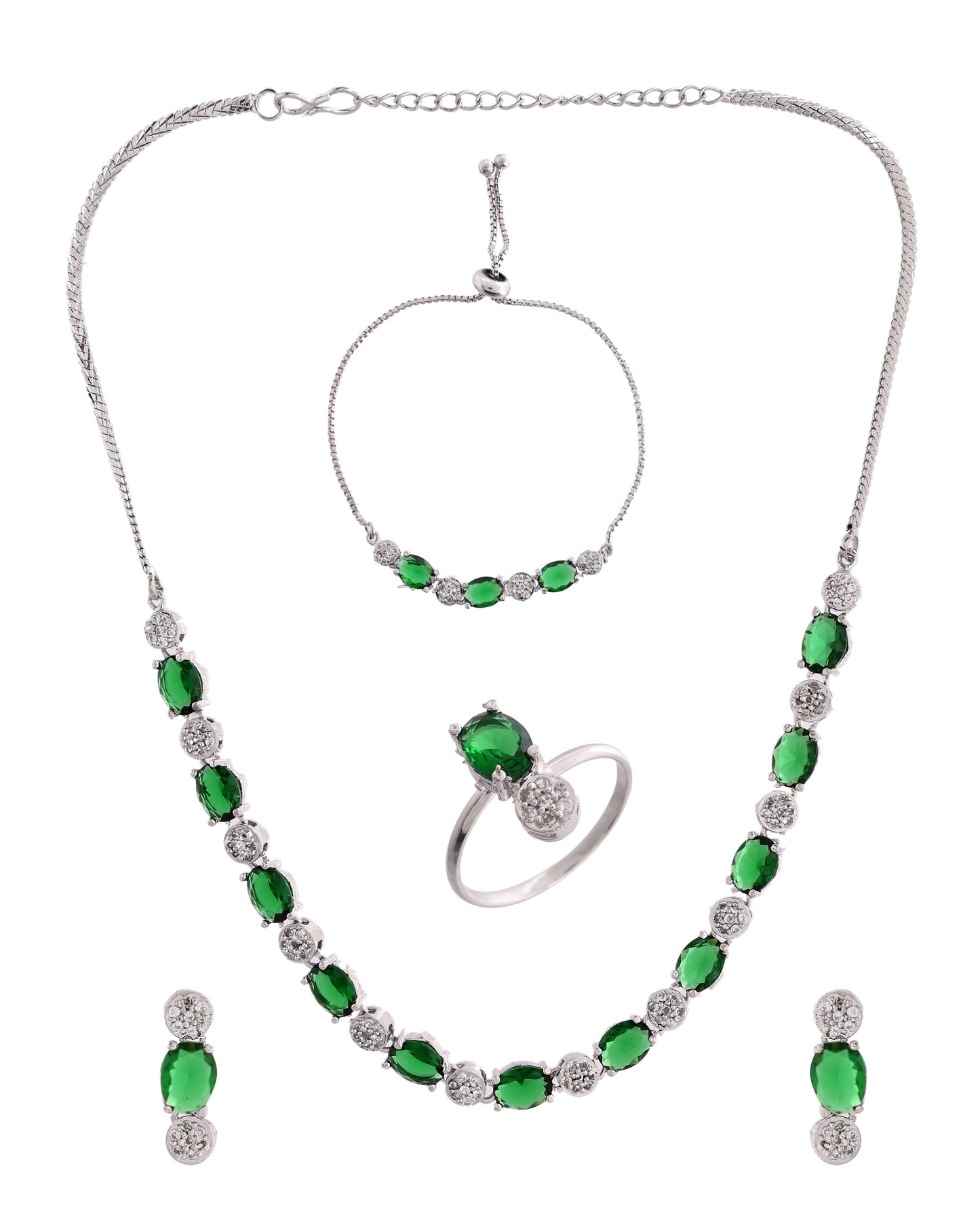 VOJ Silver Plated Green Stone Studded Necklace With Earrings, Ring And Bracelet Set | Swadesiicart