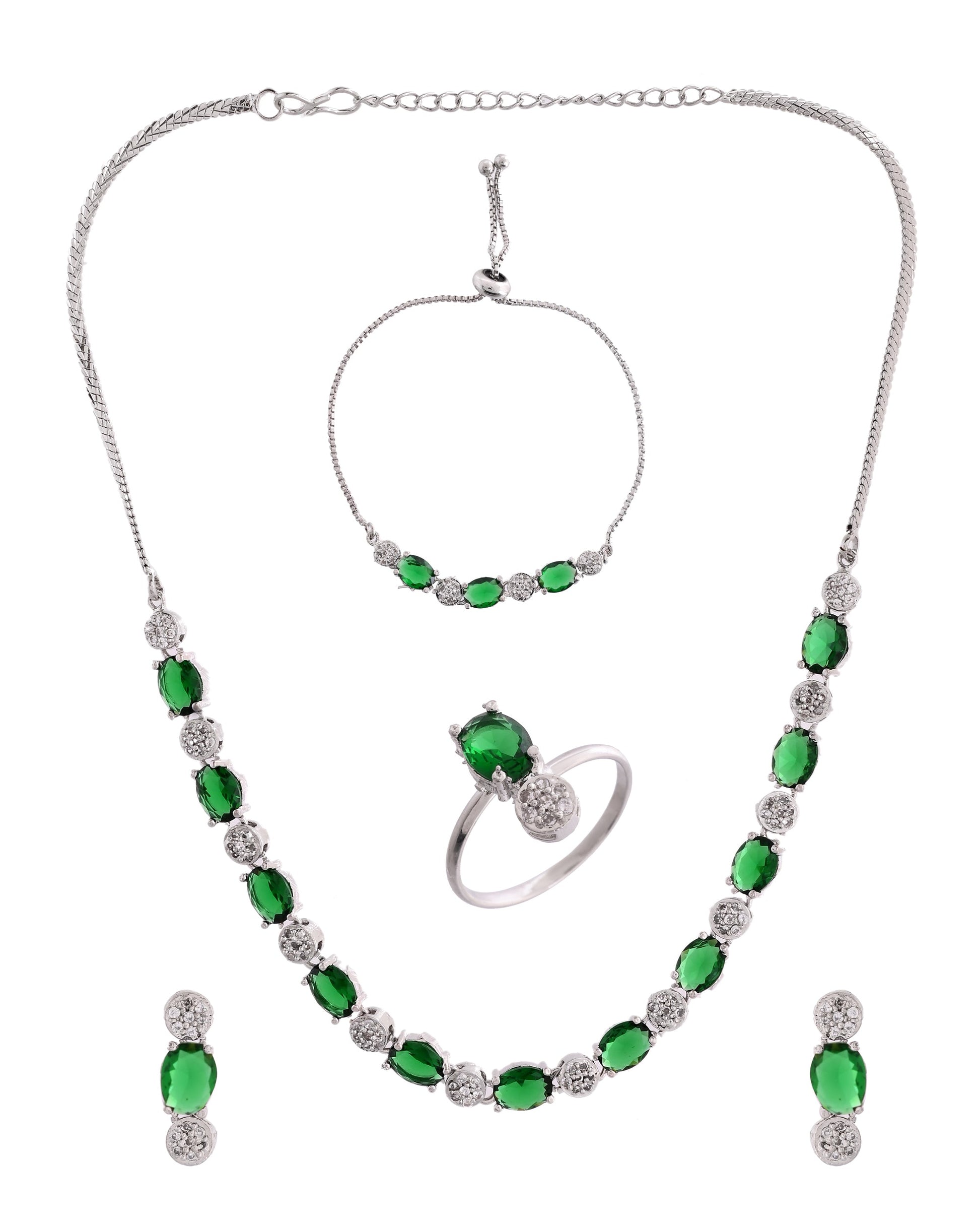 VOJ Silver Plated Green Stone Studded Necklace With Earrings, Ring And Bracelet Set | Swadesiicart