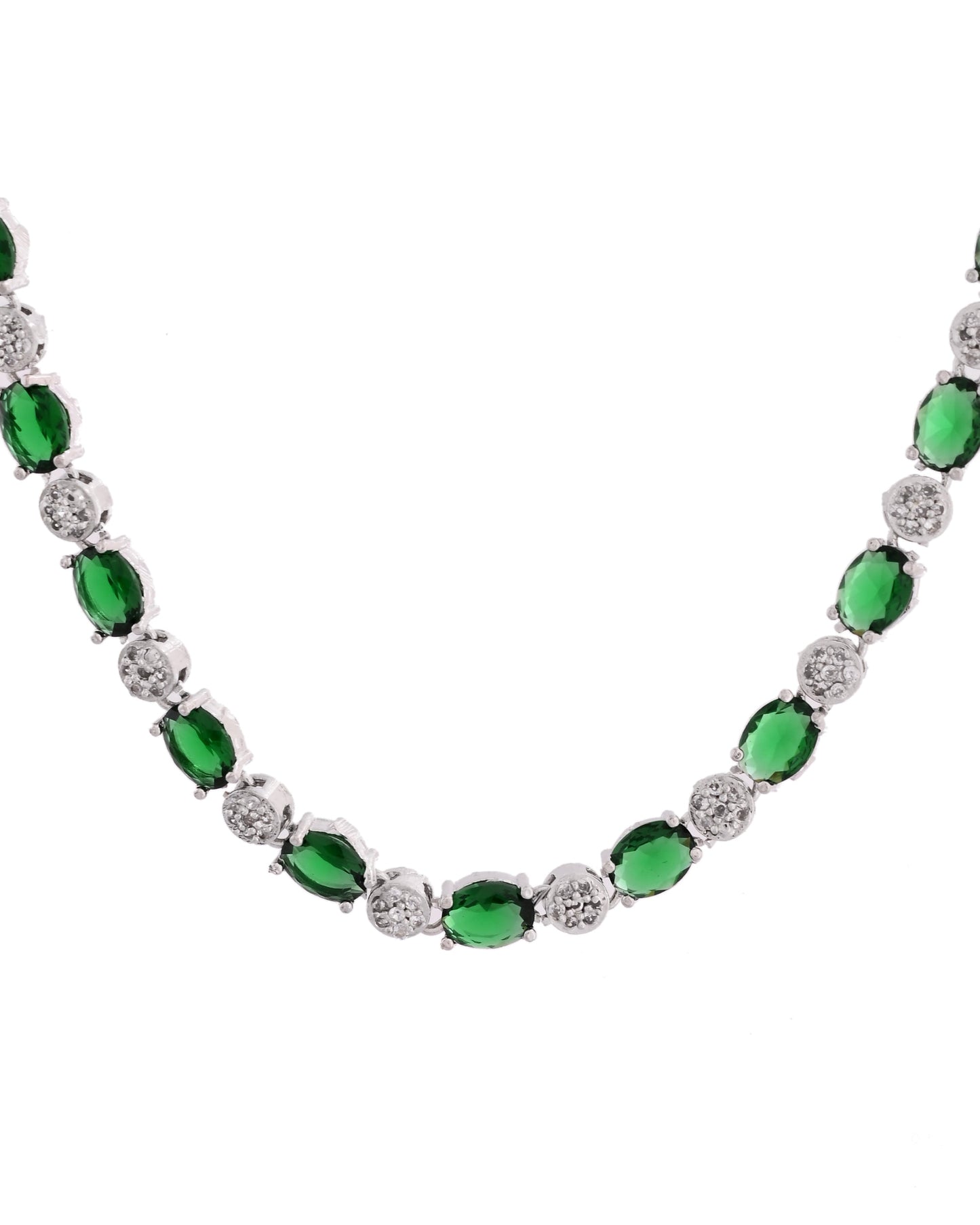 VOJ Silver Plated Green Stone Studded Necklace With Earrings, Ring And Bracelet Set | Swadesiicart