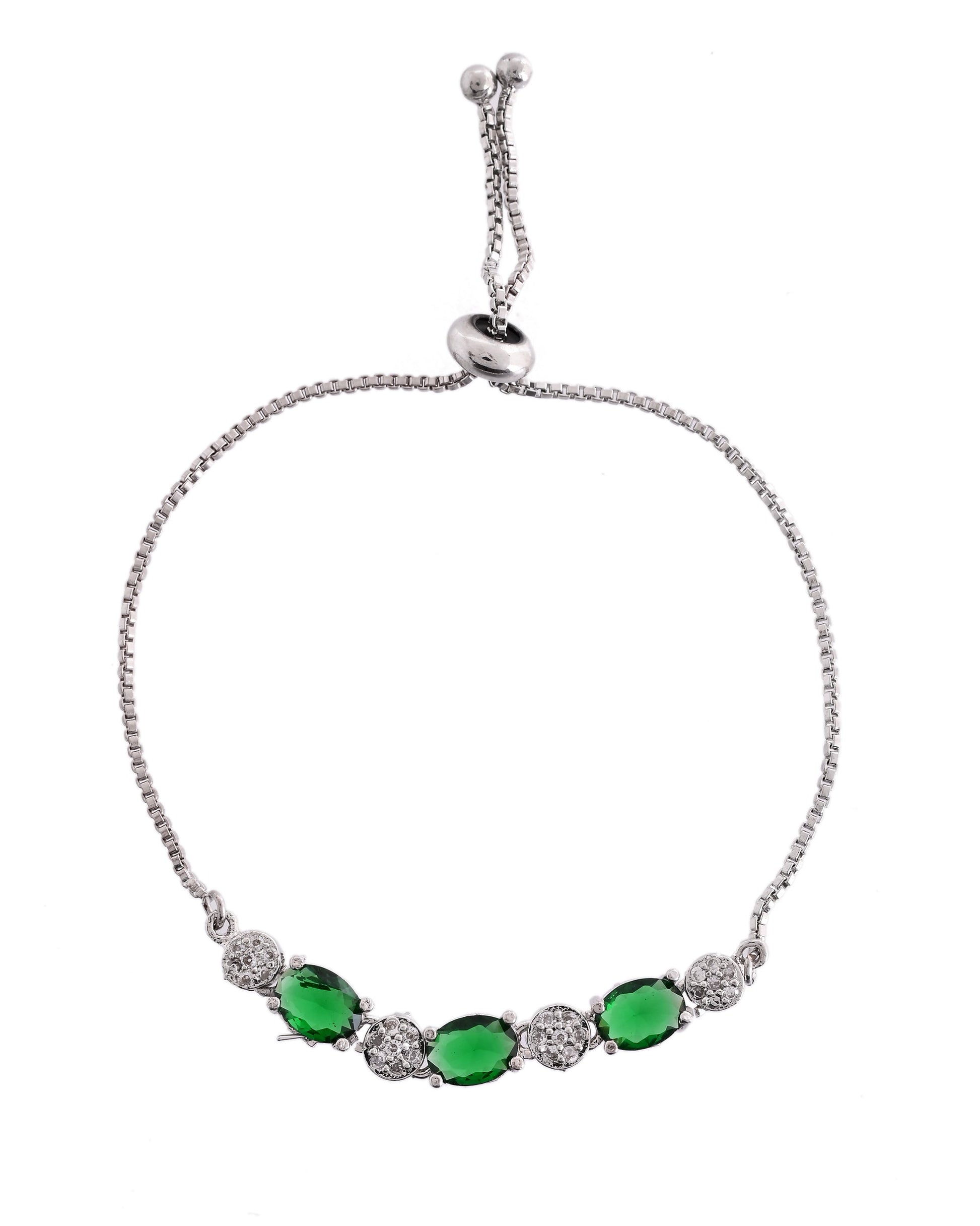 VOJ Silver Plated Green Stone Studded Necklace With Earrings, Ring And Bracelet Set | Swadesiicart
