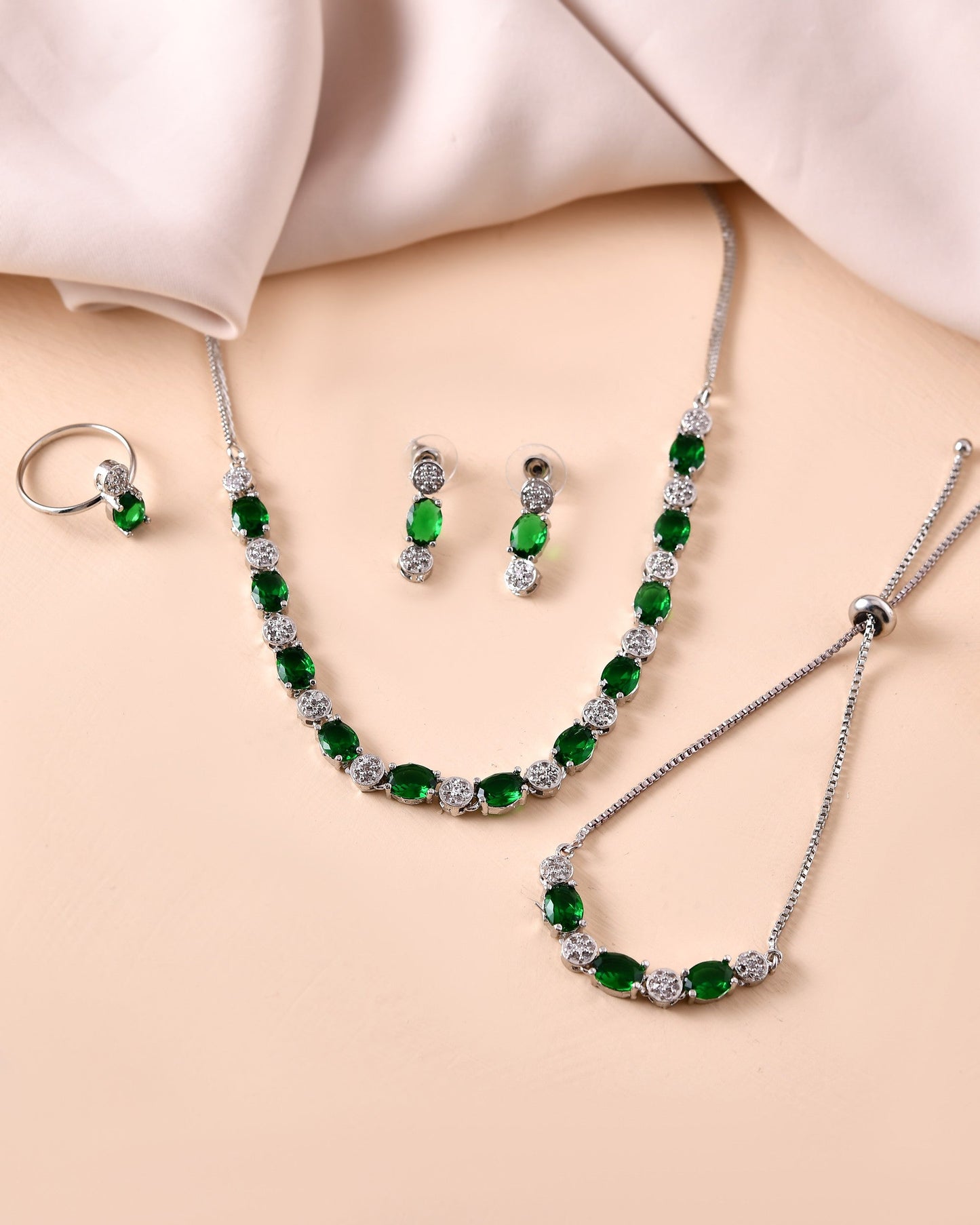 VOJ Silver Plated Green Stone Studded Necklace With Earrings, Ring And Bracelet Set | Swadesiicart