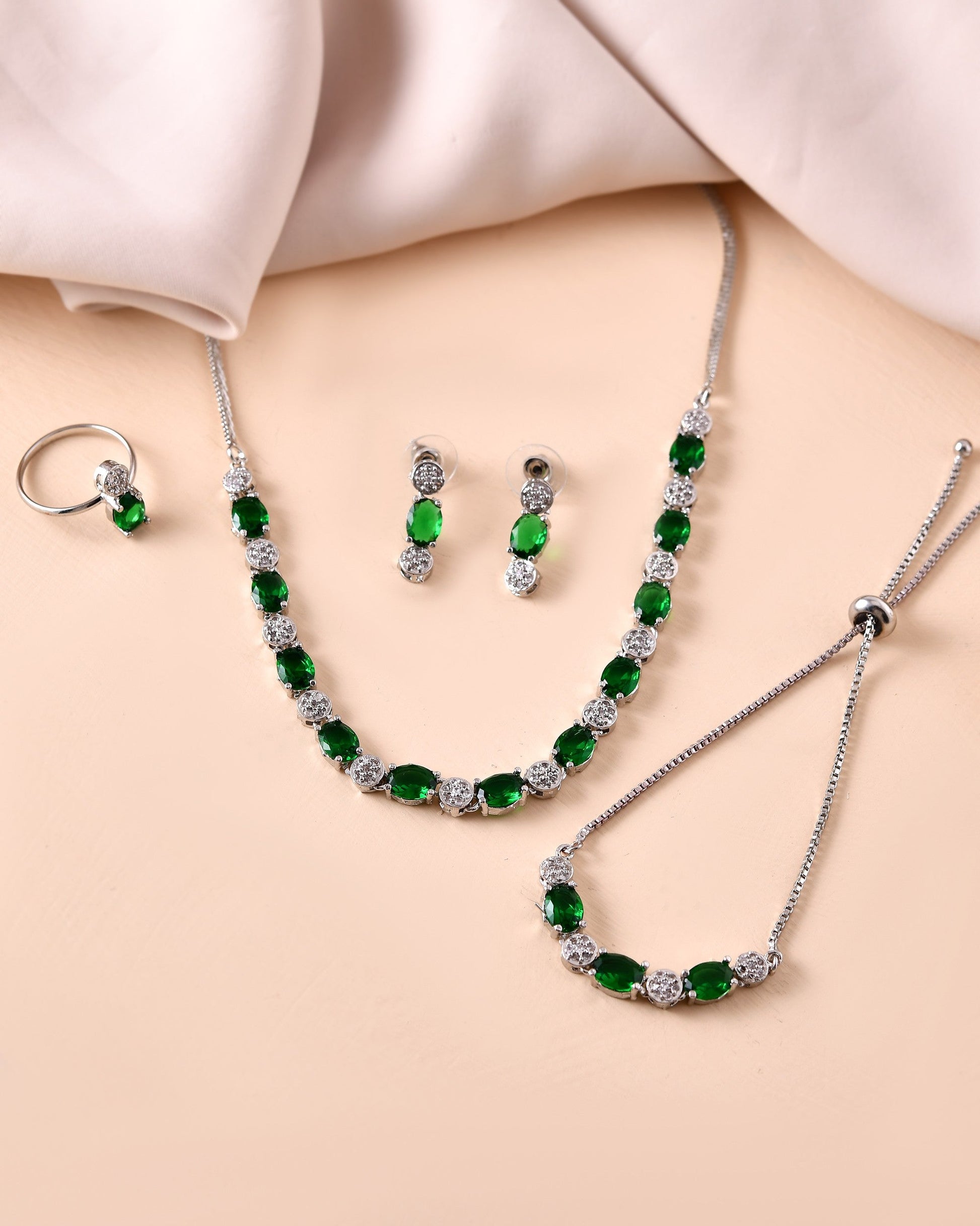 VOJ Silver Plated Green Stone Studded Necklace With Earrings, Ring And Bracelet Set | Swadesiicart