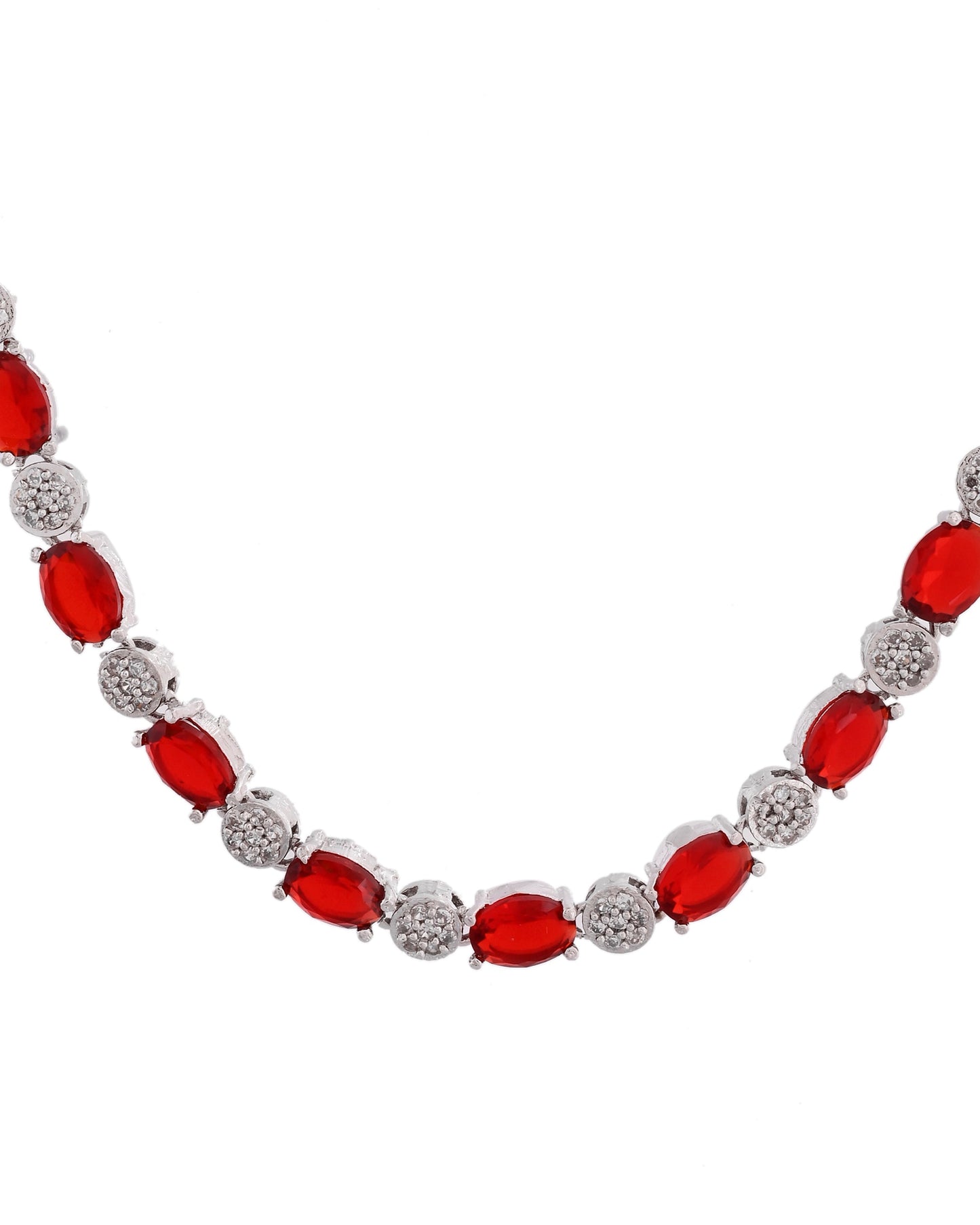 VOJ Silver Plated Red Stone Studded Necklace With Earrings, Ring And Bracelet Set | Swadesiicart
