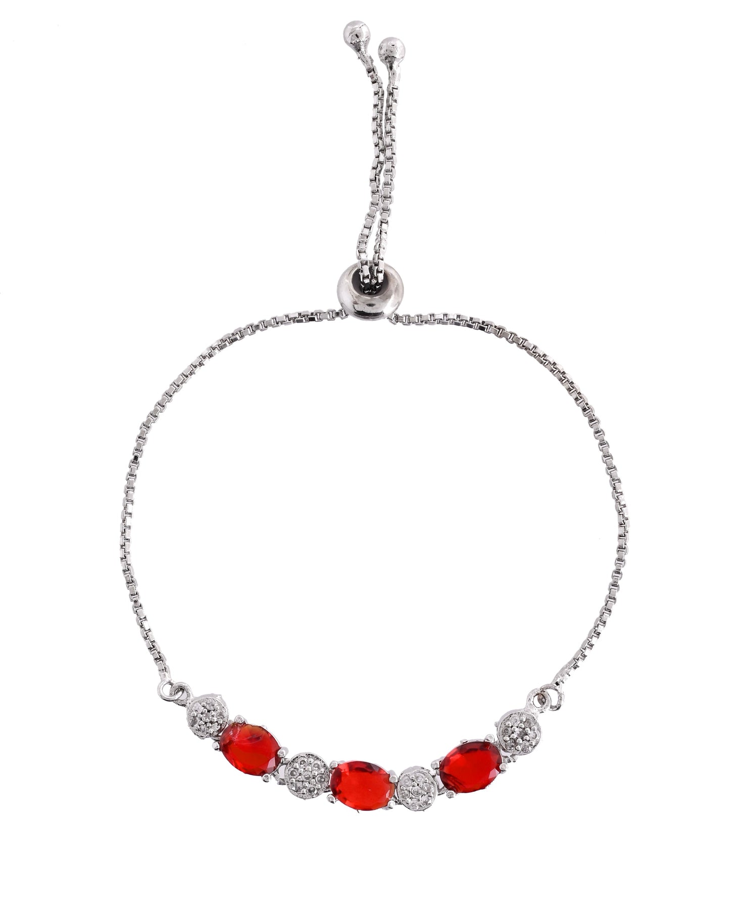 VOJ Silver Plated Red Stone Studded Necklace With Earrings, Ring And Bracelet Set | Swadesiicart