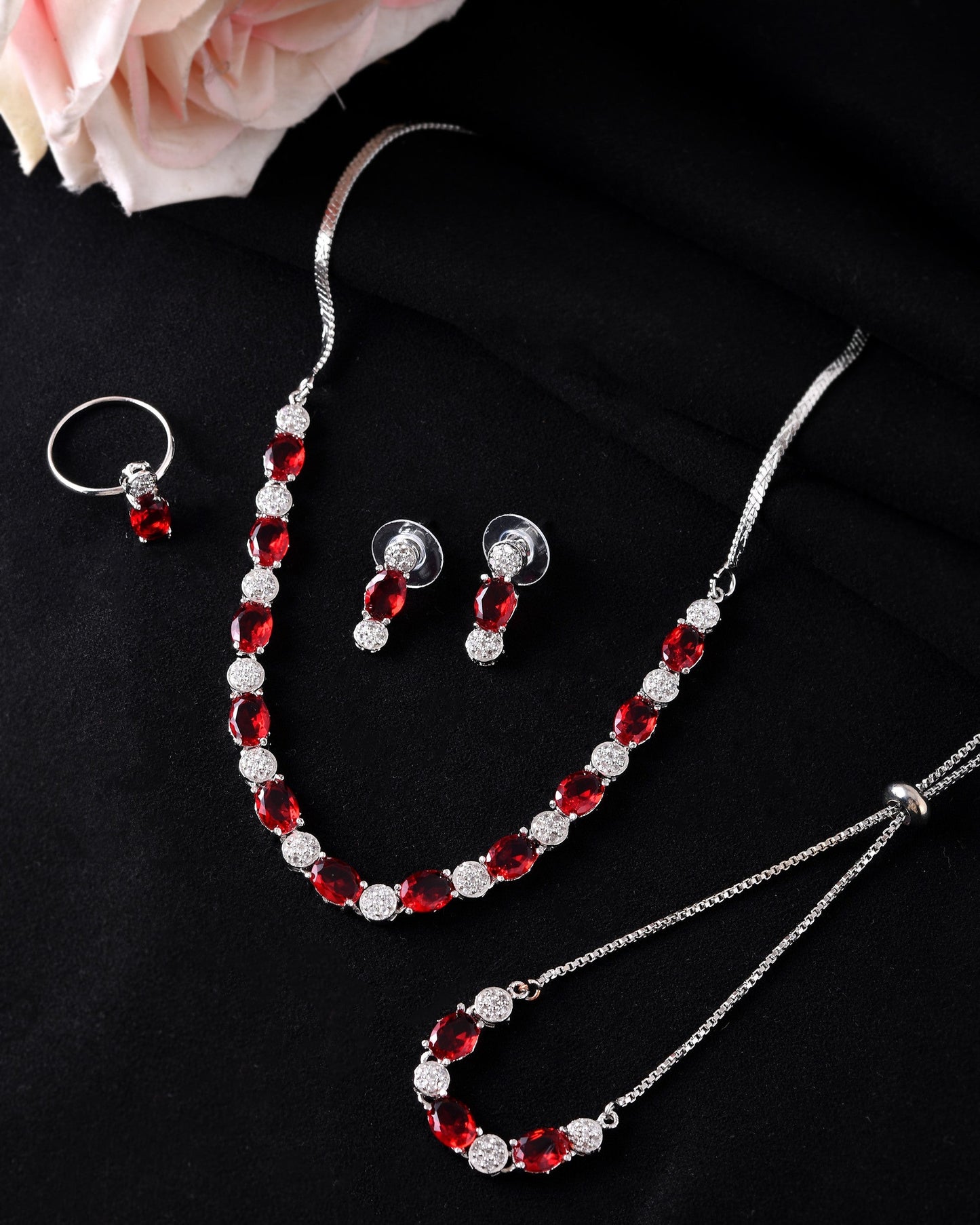 VOJ Silver Plated Red Stone Studded Necklace With Earrings, Ring And Bracelet Set | Swadesiicart