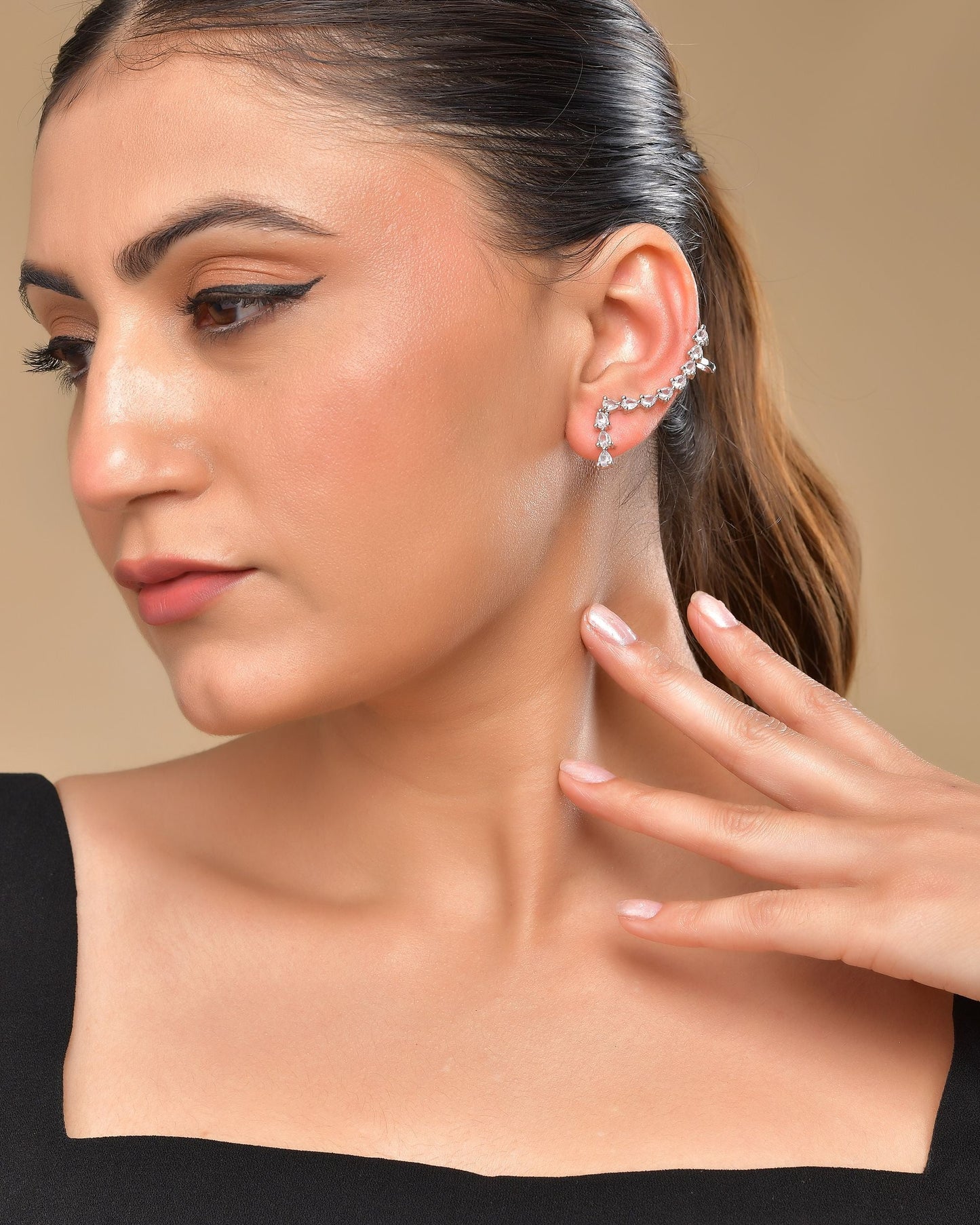 VOJ Silver Plated Cz Stone Studded Teardrop Shaped Ear Cuff Earrings - Swadesiicart