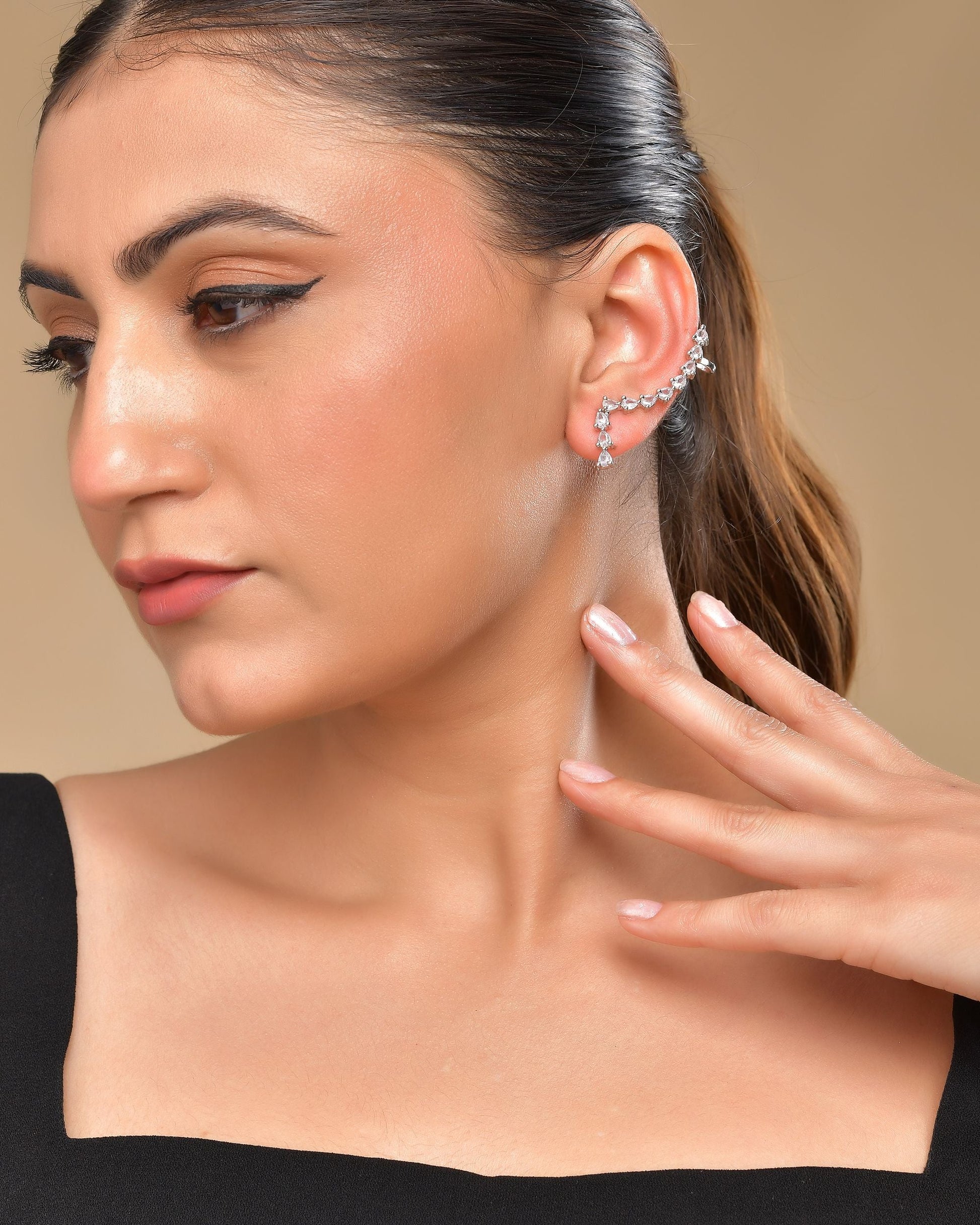 VOJ Silver Plated Cz Stone Studded Teardrop Shaped Ear Cuff Earrings - Swadesiicart