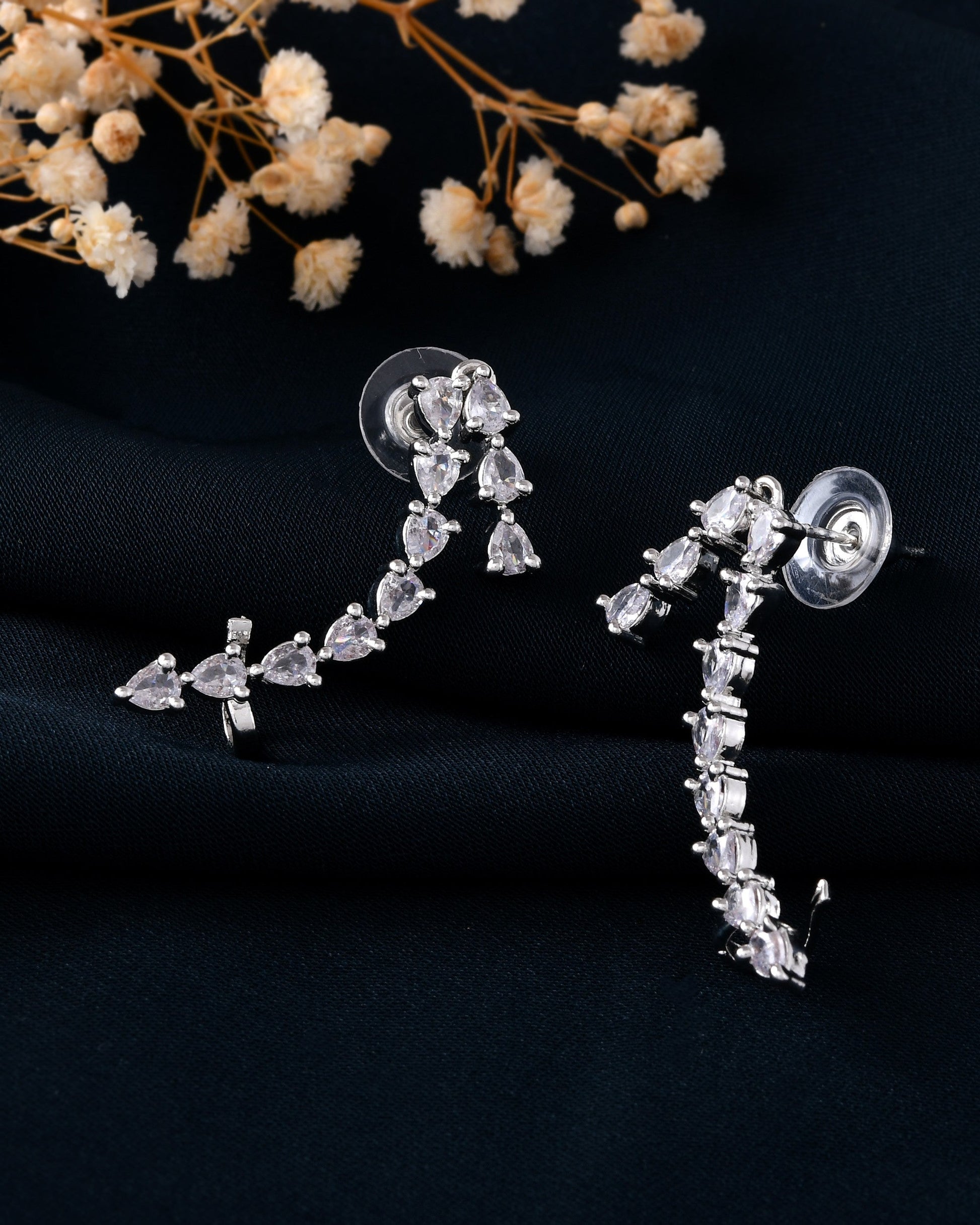 VOJ Silver Plated Cz Stone Studded Teardrop Shaped Ear Cuff Earrings - Swadesiicart