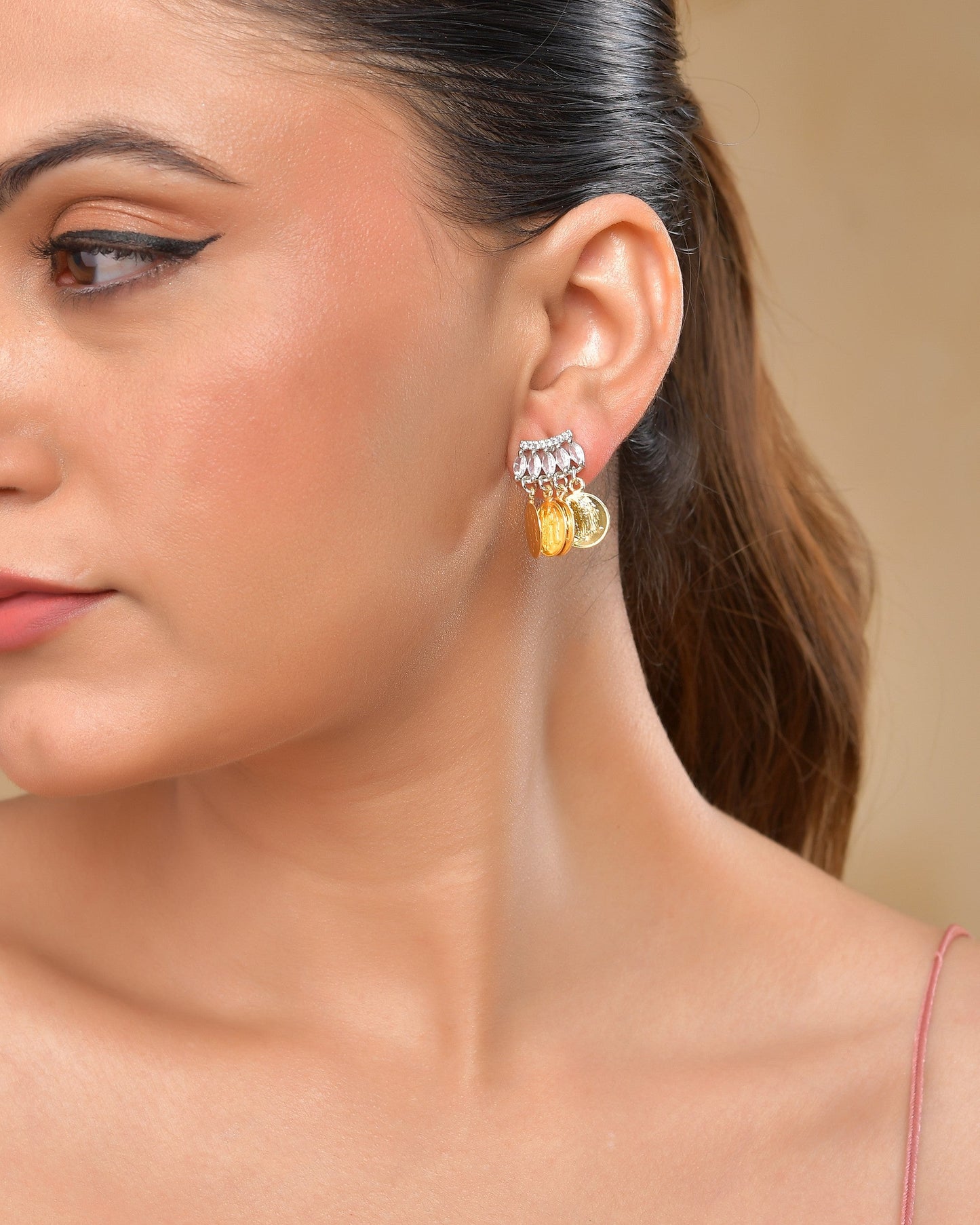 VOJ Gold Polished Small Coin & Stone Studded Studs Earrings - Swadesiicart