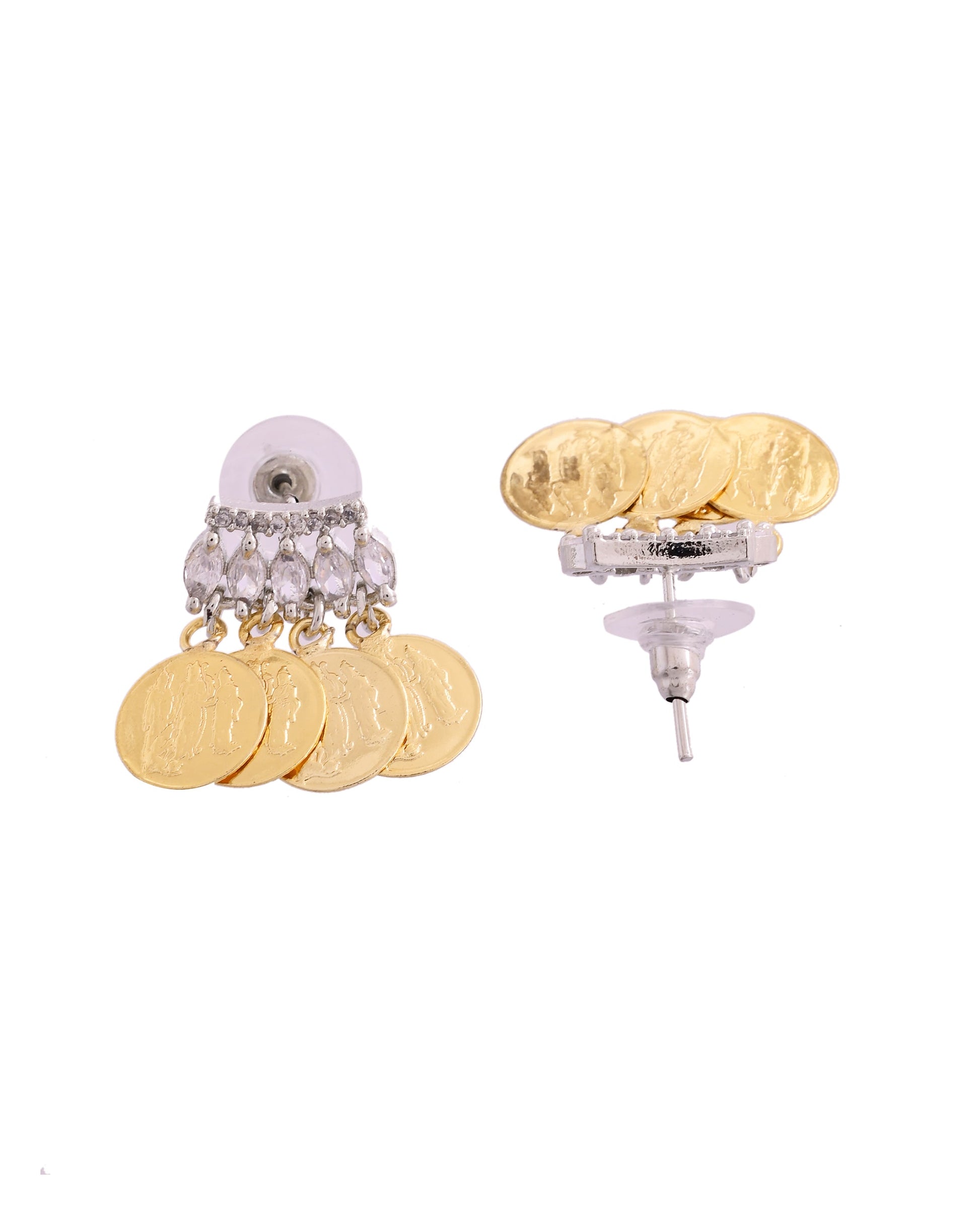 VOJ Gold Polished Small Coin & Stone Studded Studs Earrings - Swadesiicart