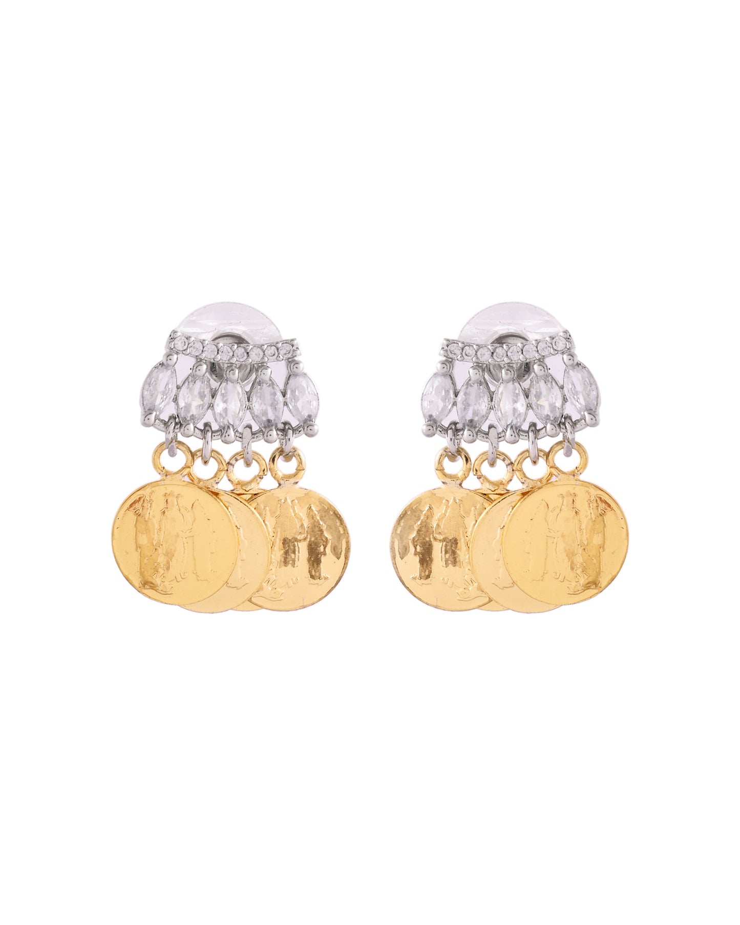 VOJ Gold Polished Small Coin & Stone Studded Studs Earrings - Swadesiicart