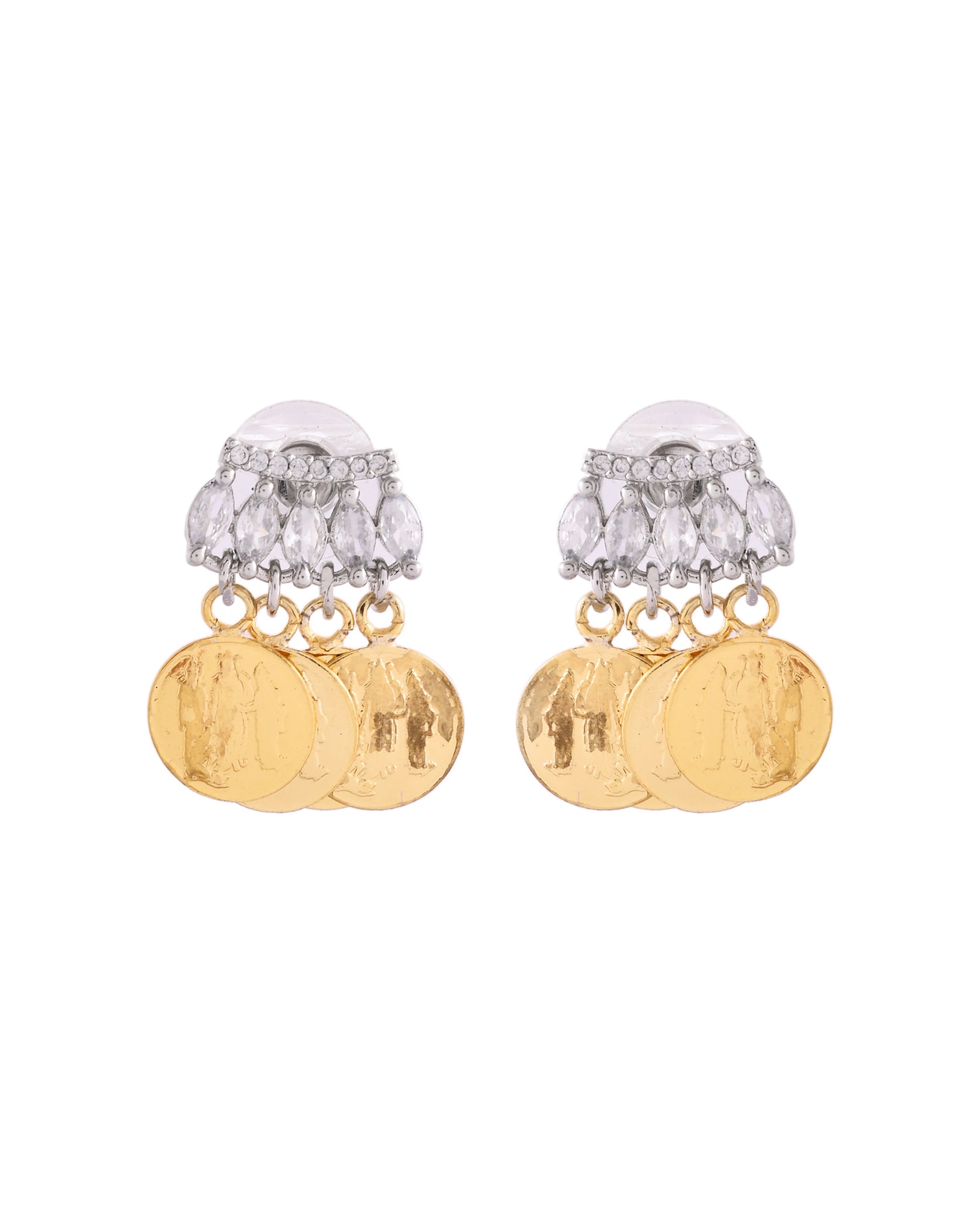 VOJ Gold Polished Small Coin & Stone Studded Studs Earrings - Swadesiicart