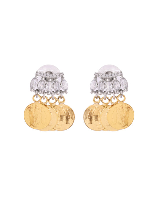 VOJ Gold Polished Small Coin & Stone Studded Studs Earrings - Swadesiicart