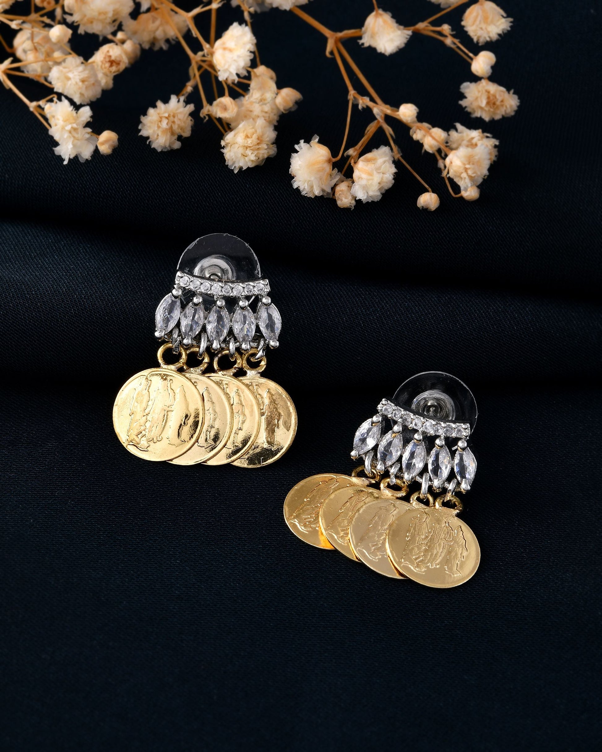VOJ Gold Polished Small Coin & Stone Studded Studs Earrings - Swadesiicart