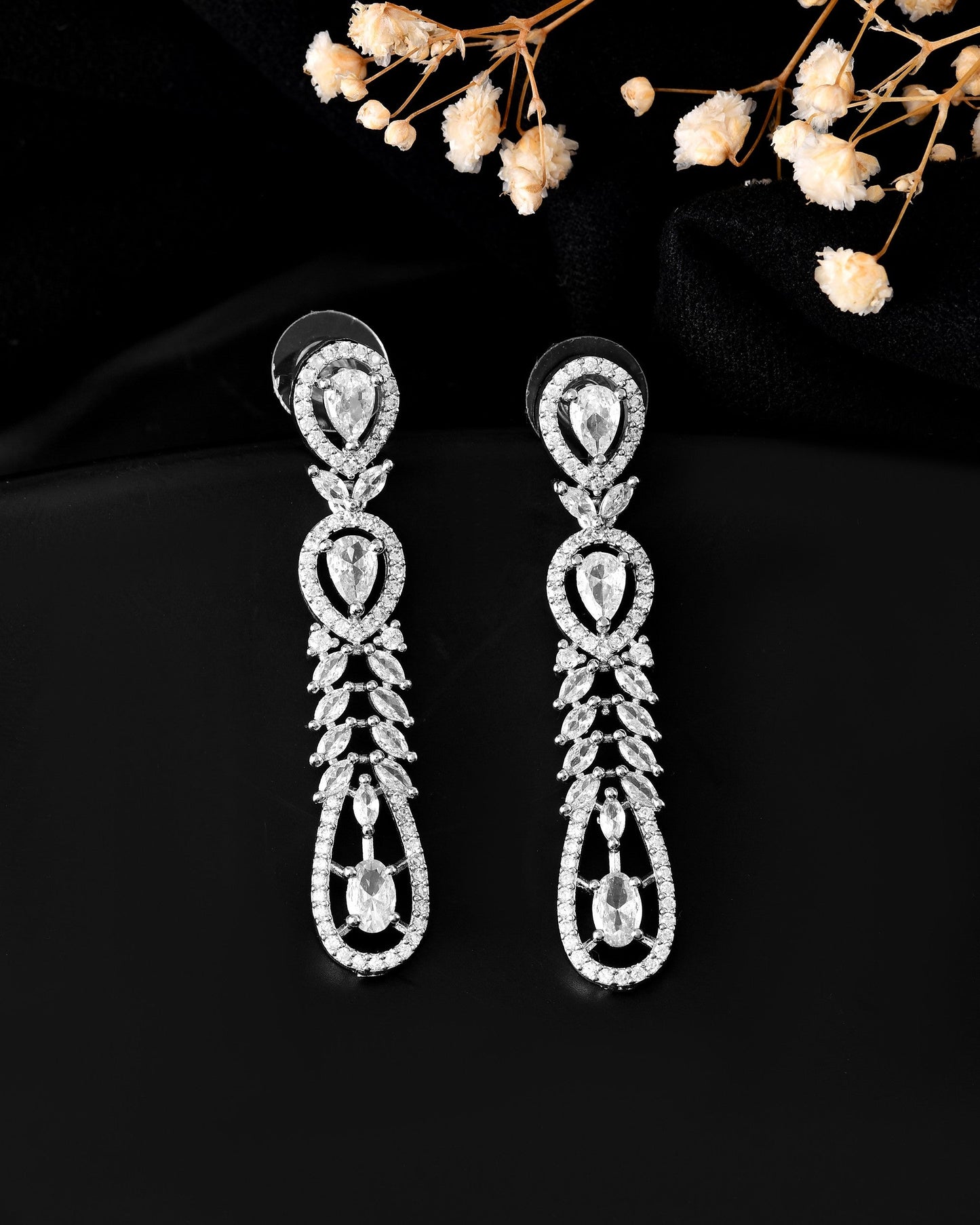 VOJ Silver Plated Ad Stone Studded Long Earrings - Swadesiicart