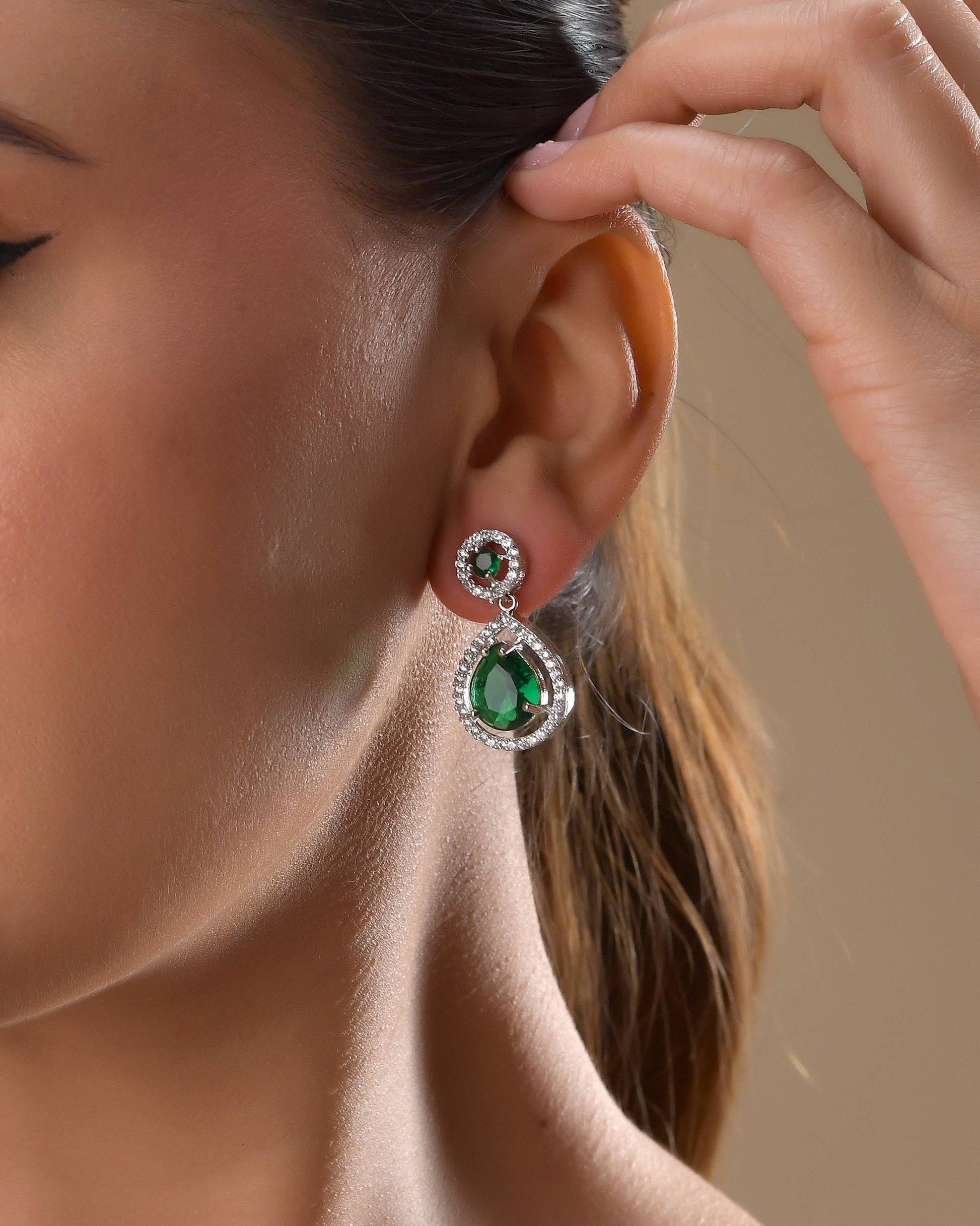 VOJ Silver Plated Green Stone Studded Teardrop Shaped Earrings - Swadesiicart