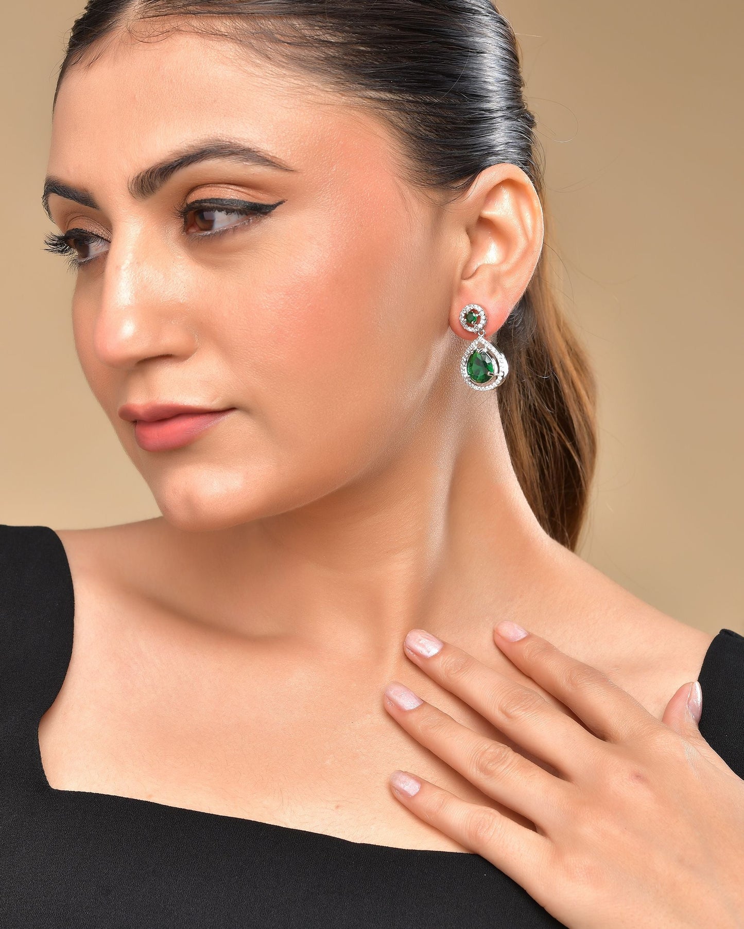 VOJ Silver Plated Green Stone Studded Teardrop Shaped Earrings - Swadesiicart