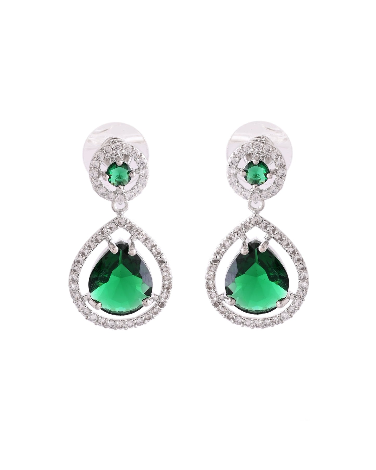 VOJ Silver Plated Green Stone Studded Teardrop Shaped Earrings - Swadesiicart