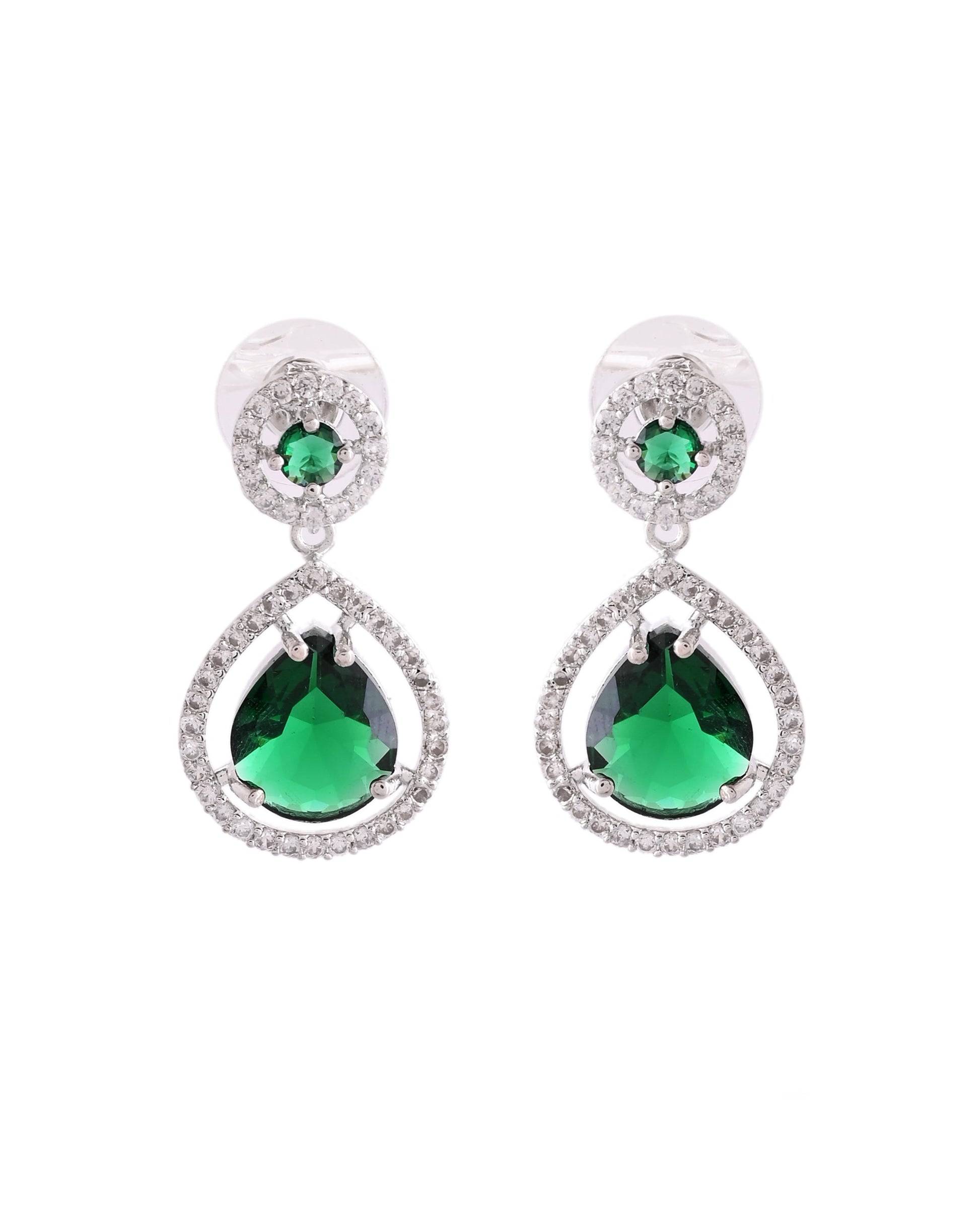 VOJ Silver Plated Green Stone Studded Teardrop Shaped Earrings - Swadesiicart