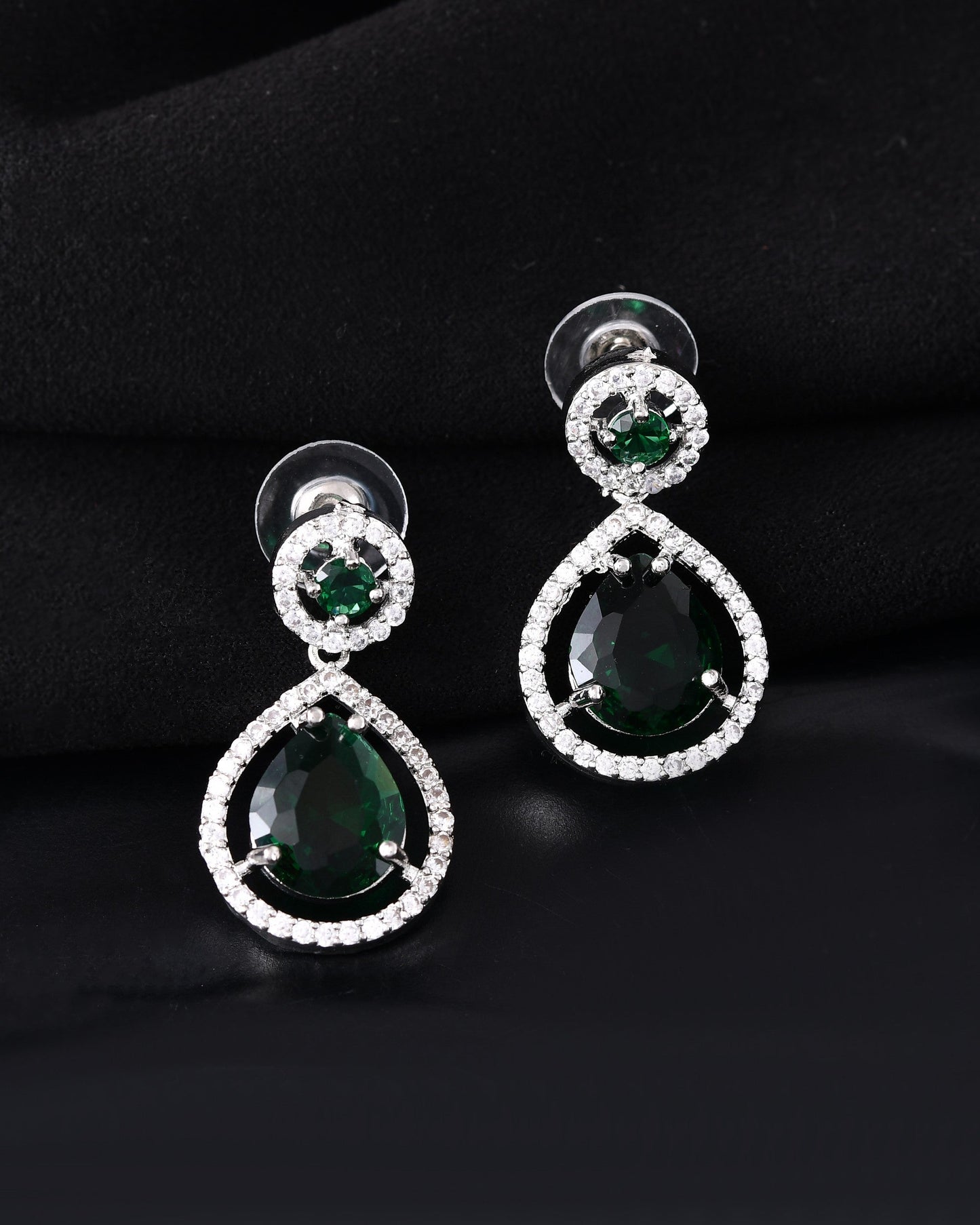 VOJ Silver Plated Green Stone Studded Teardrop Shaped Earrings - Swadesiicart