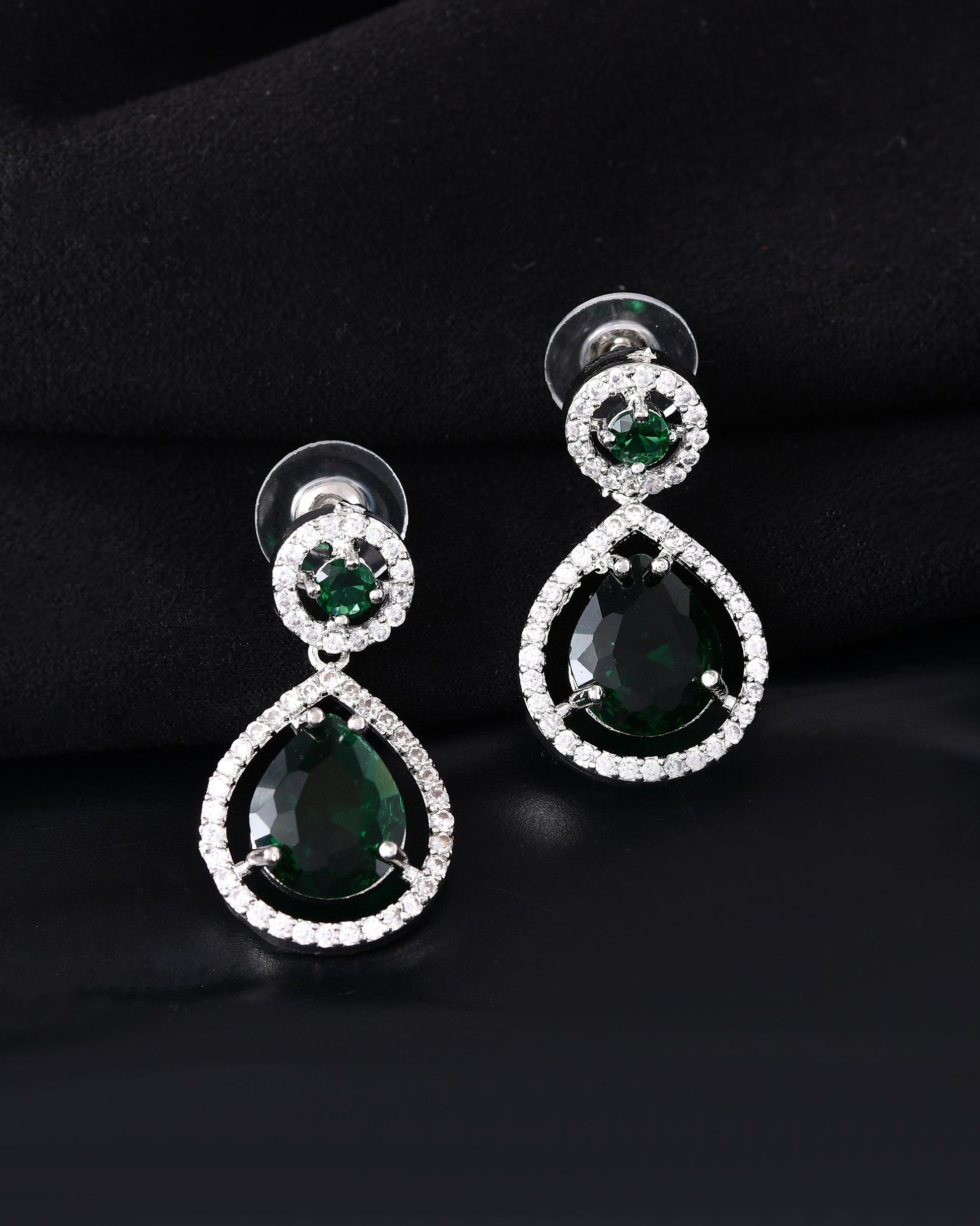VOJ Silver Plated Green Stone Studded Teardrop Shaped Earrings - Swadesiicart