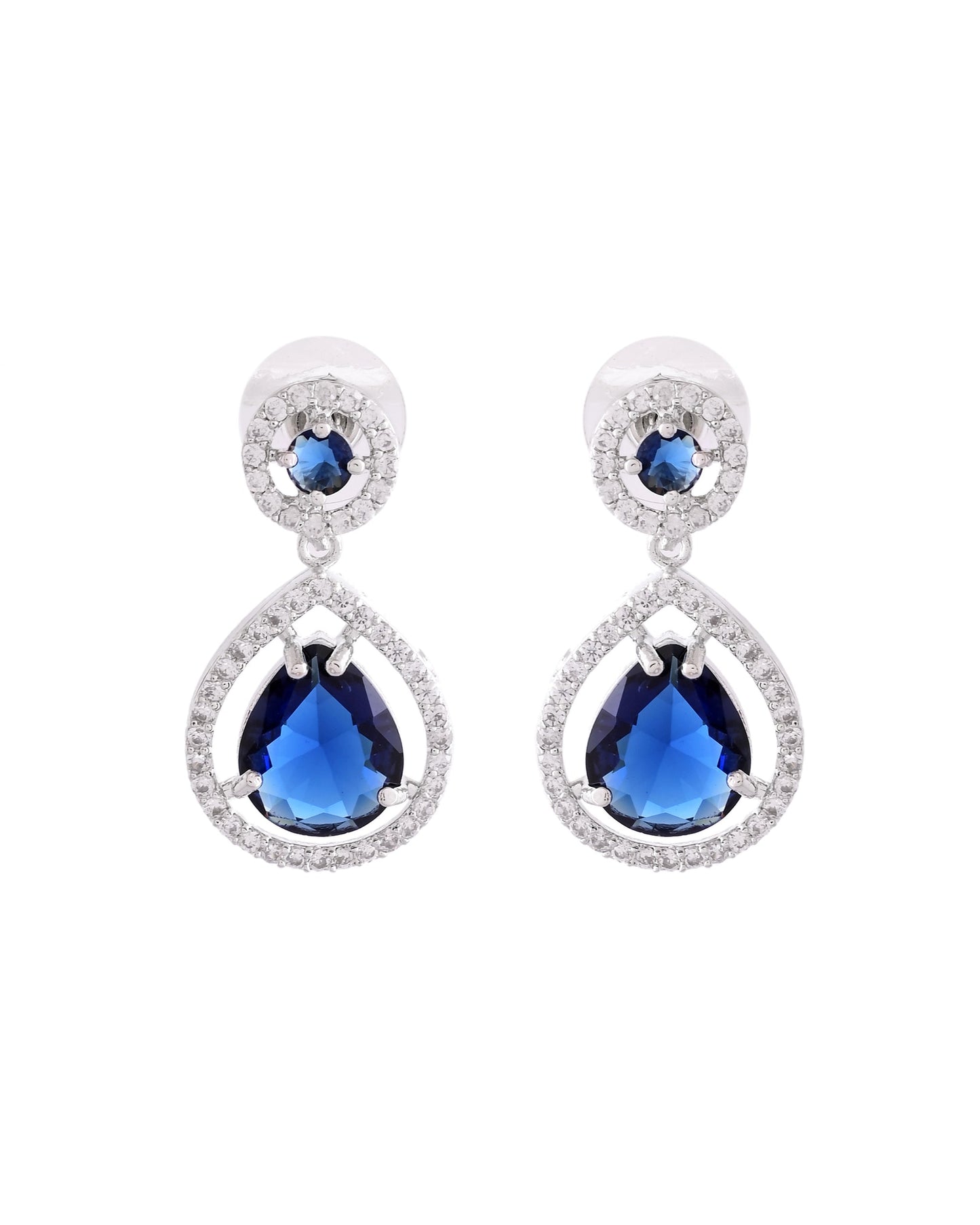 VOJ Silver Plated Blue Stone Studded Teardrop Shaped Earrings - Swadesiicart