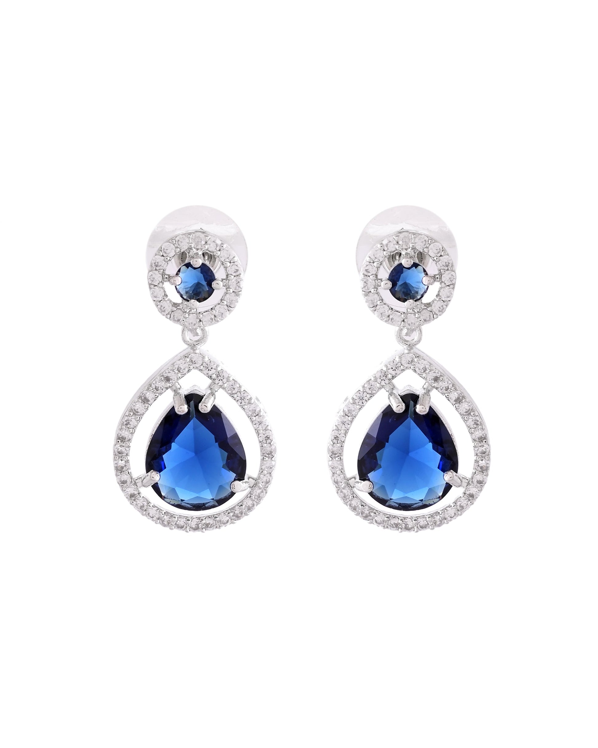 VOJ Silver Plated Blue Stone Studded Teardrop Shaped Earrings - Swadesiicart
