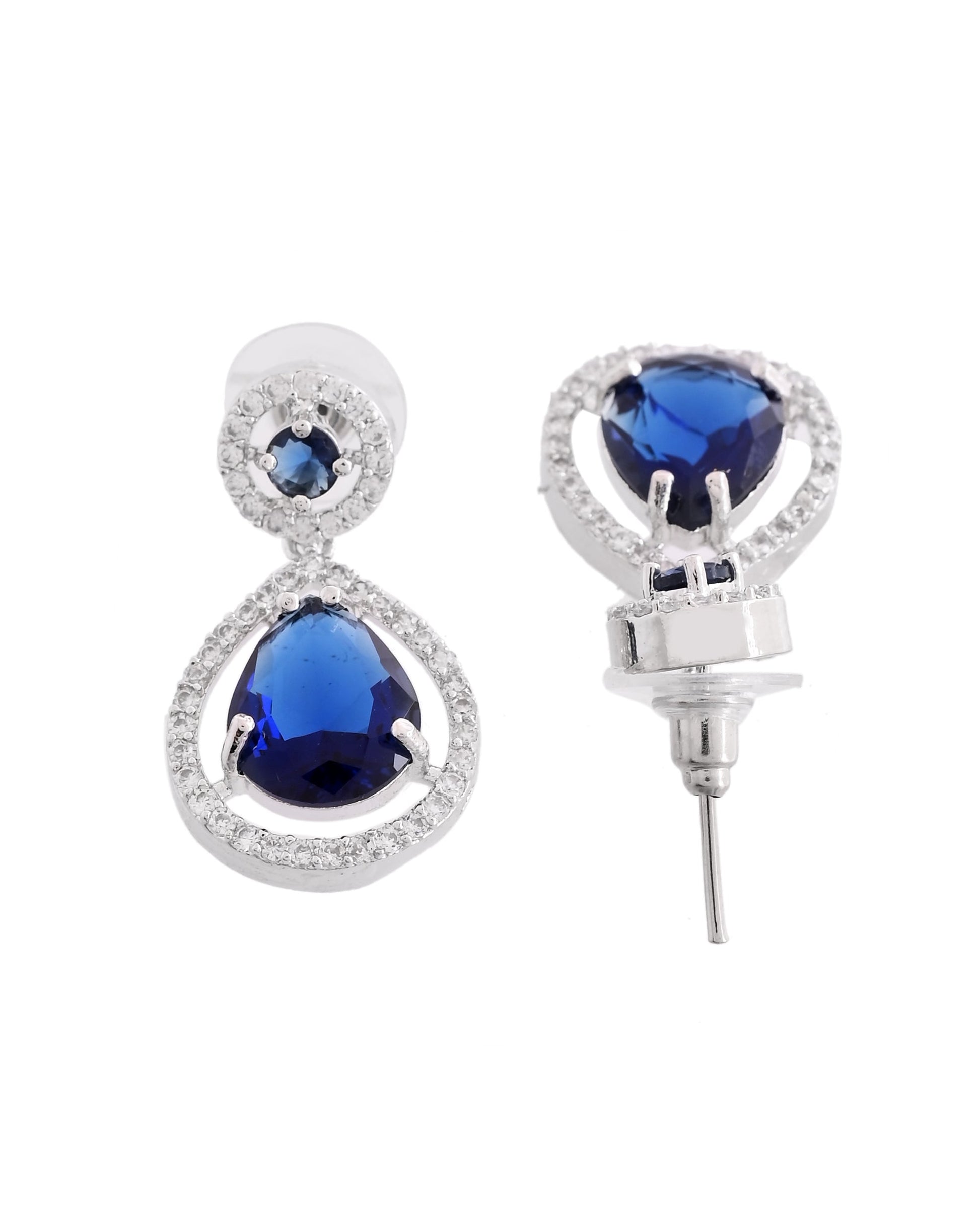 VOJ Silver Plated Blue Stone Studded Teardrop Shaped Earrings - Swadesiicart