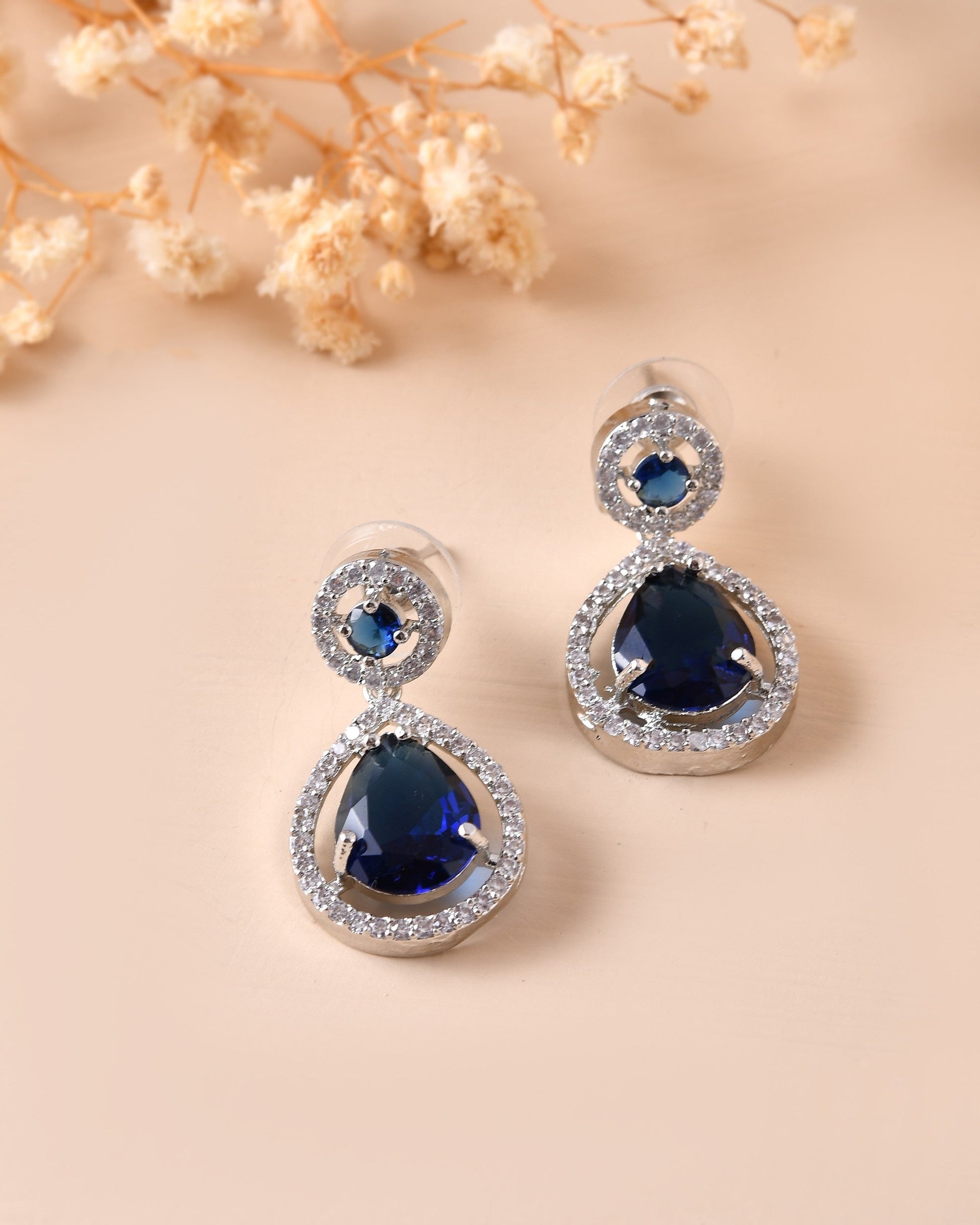 VOJ Silver Plated Blue Stone Studded Teardrop Shaped Earrings - Swadesiicart