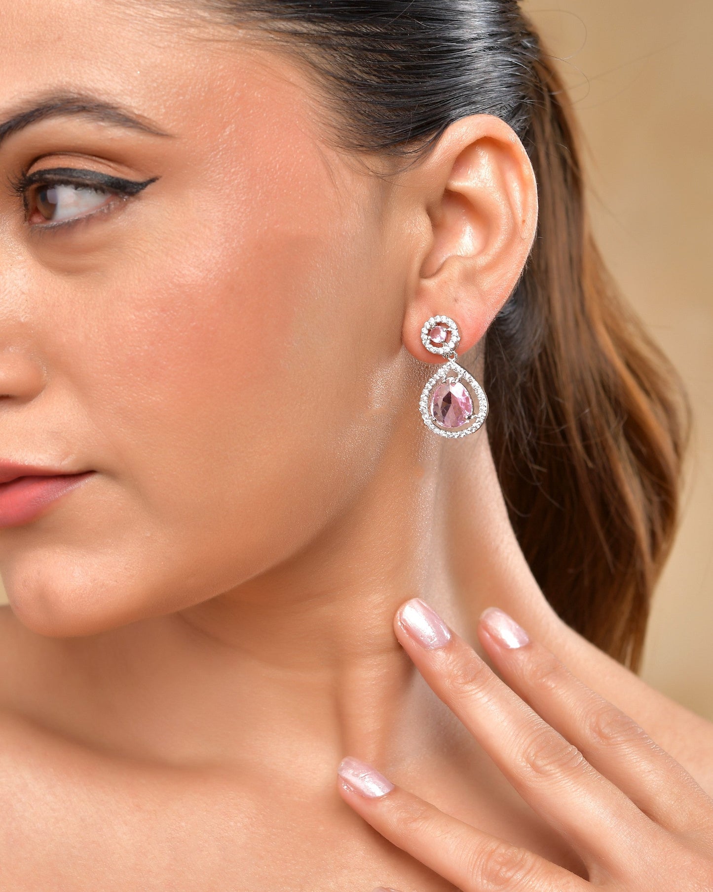 VOJ Silver Plated Baby Pink Stone Studded Teardrop Shaped Earrings - Swadesiicart