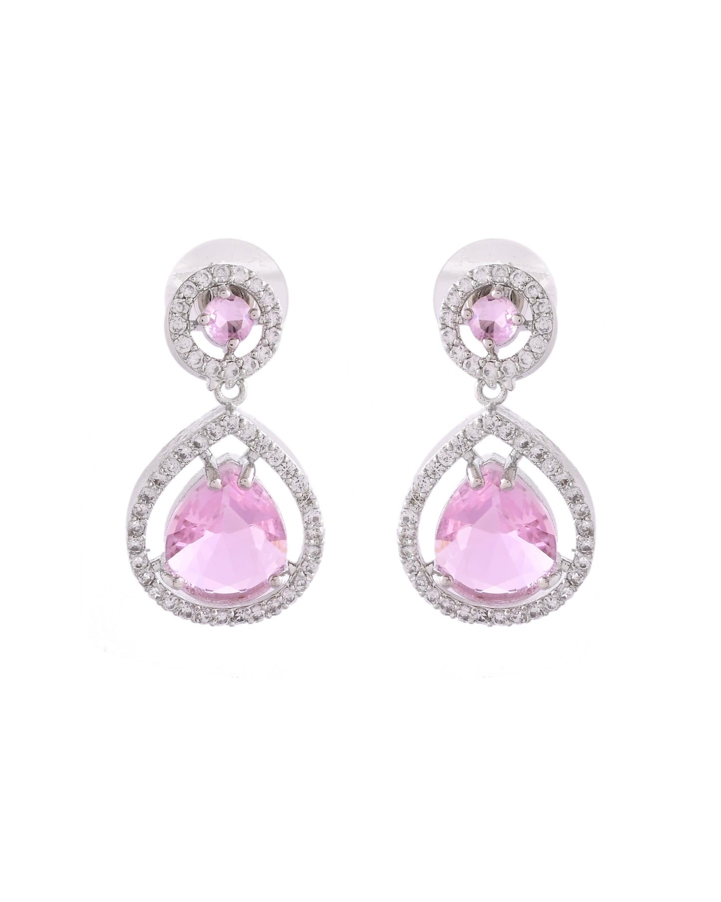 VOJ Silver Plated Baby Pink Stone Studded Teardrop Shaped Earrings - Swadesiicart