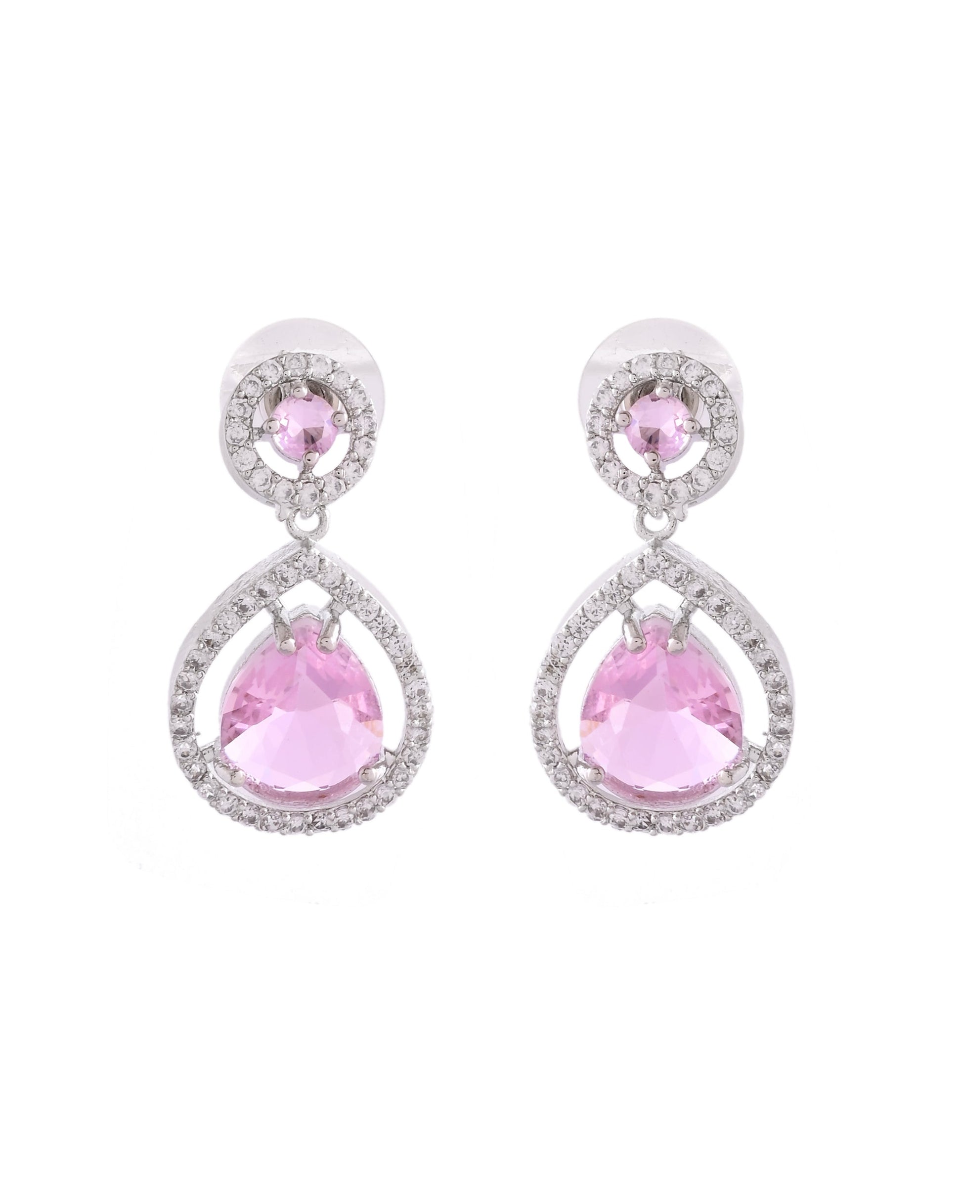 VOJ Silver Plated Baby Pink Stone Studded Teardrop Shaped Earrings - Swadesiicart