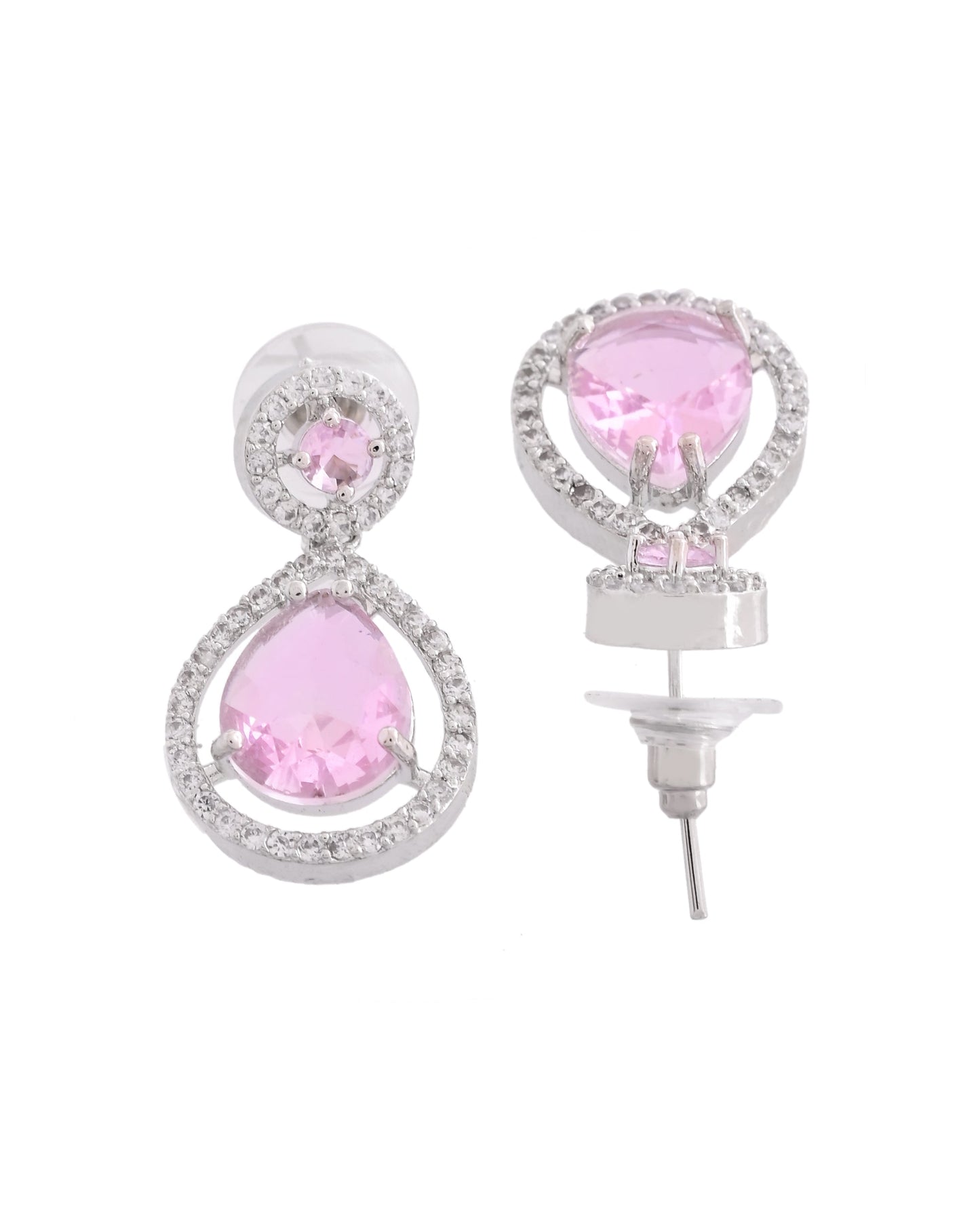 VOJ Silver Plated Baby Pink Stone Studded Teardrop Shaped Earrings - Swadesiicart