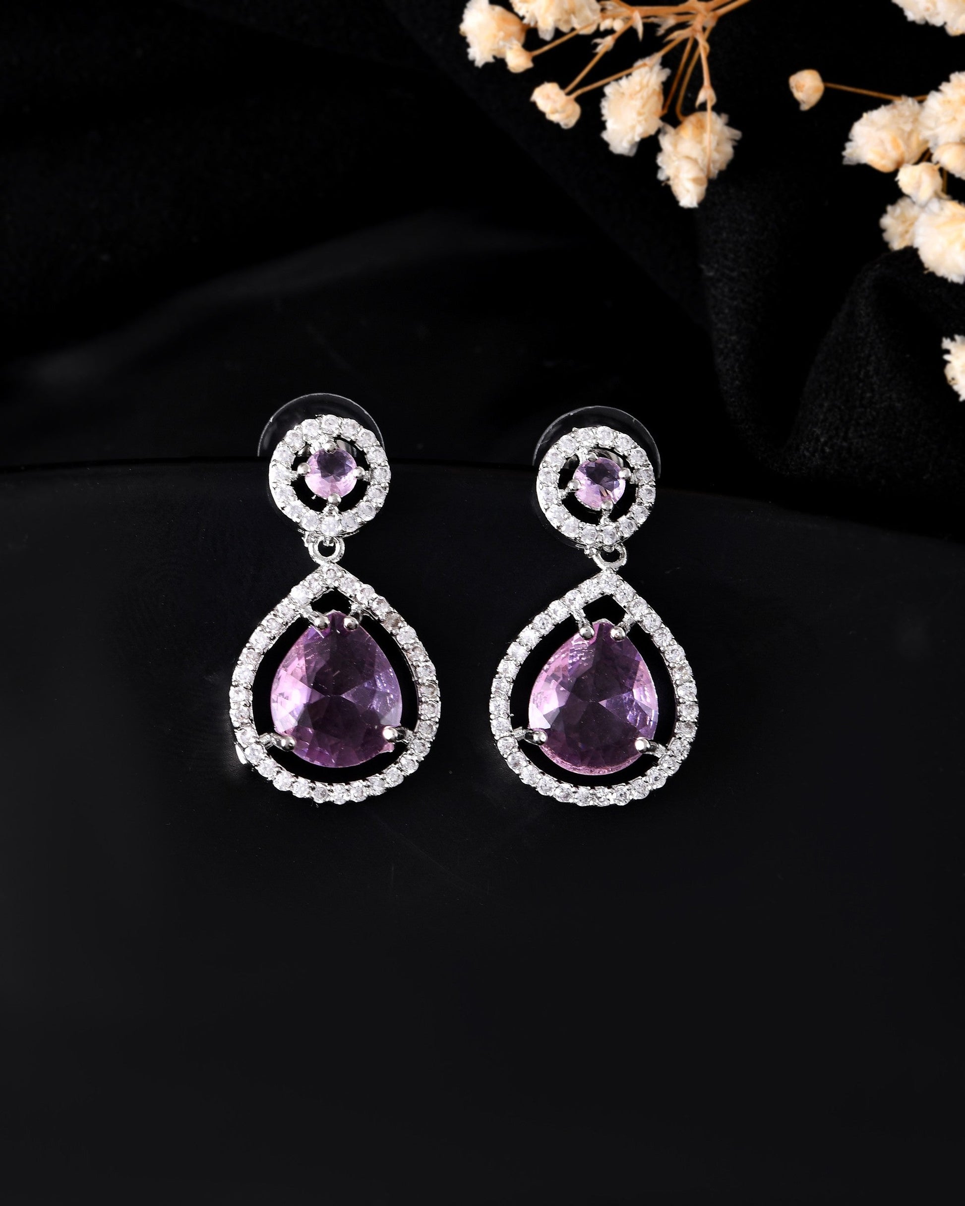 VOJ Silver Plated Baby Pink Stone Studded Teardrop Shaped Earrings - Swadesiicart