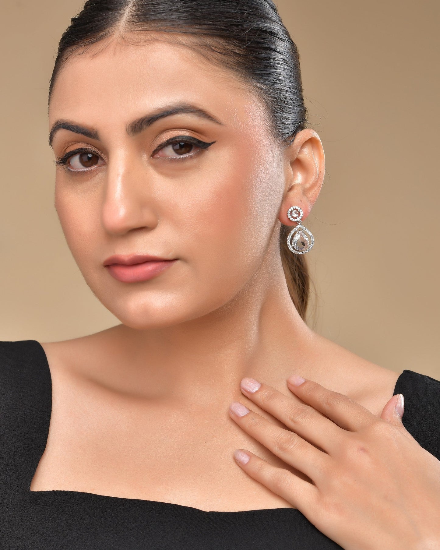VOJ Silver Plated Stone Studded Teardrop Shaped Earrings - Swadesiicart