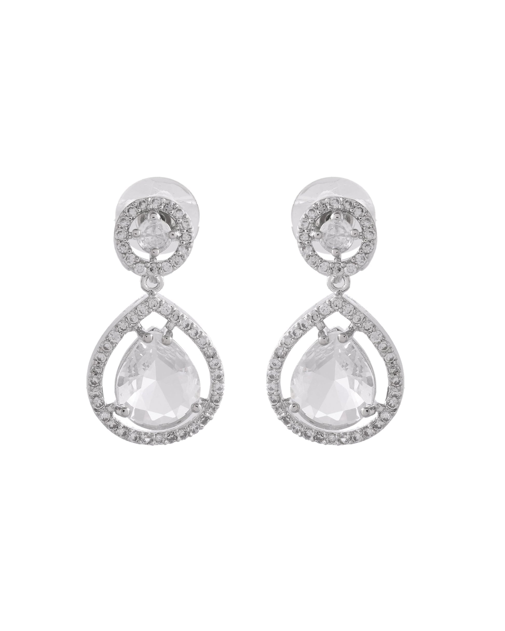 VOJ Silver Plated Stone Studded Teardrop Shaped Earrings - Swadesiicart