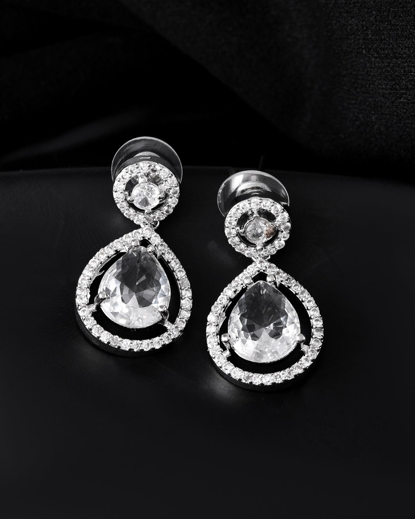 VOJ Silver Plated Stone Studded Teardrop Shaped Earrings - Swadesiicart
